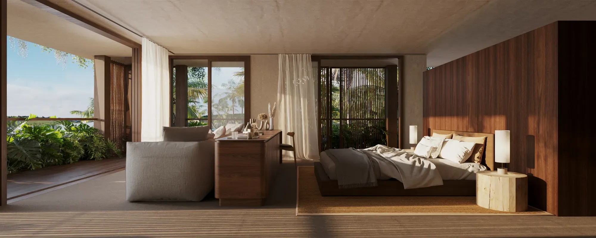 Quarto revestido em madeira, com cama baixa de linho claro e portas de vidro abertas para varanda com vista para o mar — GRON 3D