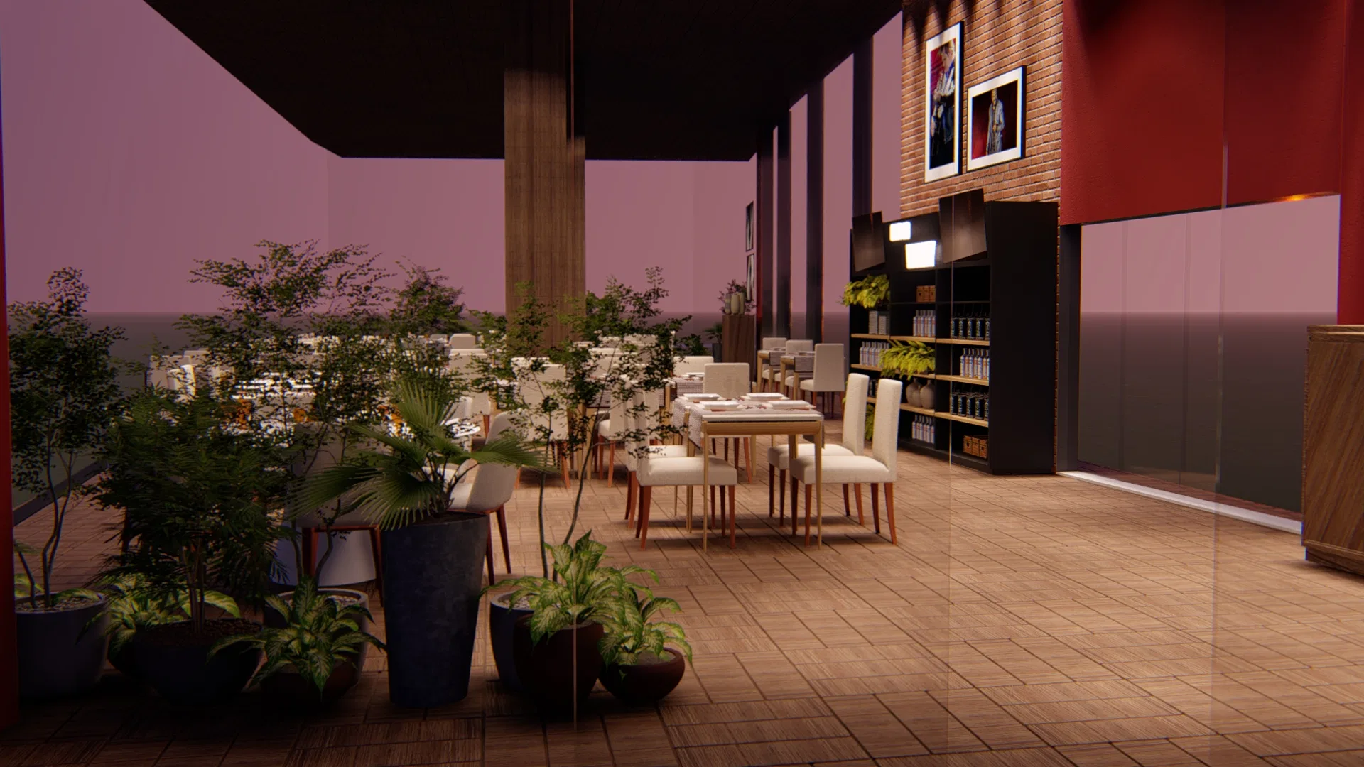 Deck coberto ao entardecer com vasos de plantas, mesas de jantar claras e uma parede de tijolinho com prateleiras à direita.