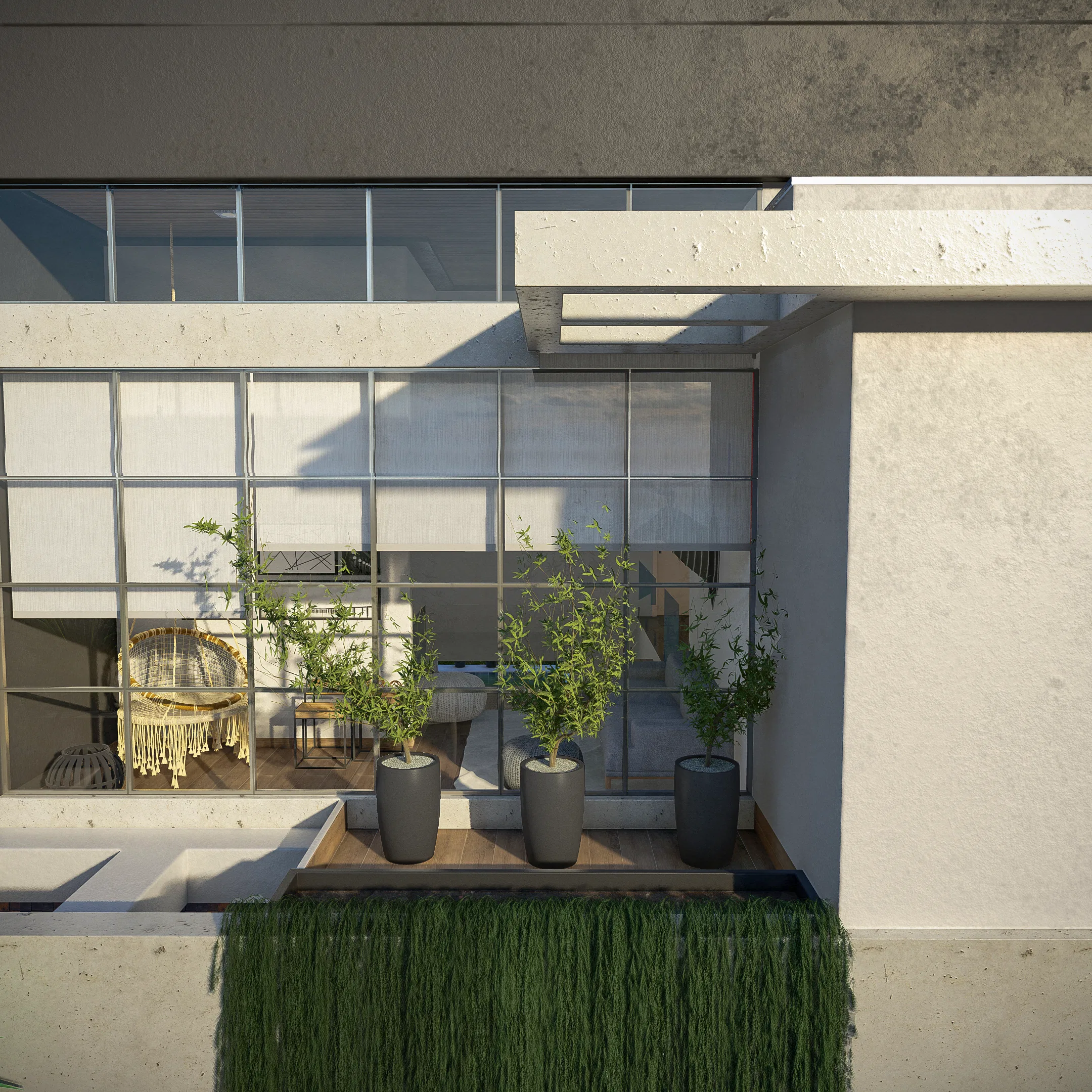 Terraço com piso de madeira, vasos de plantas junto à janela envidraçada e jardim vertical na base da parede
