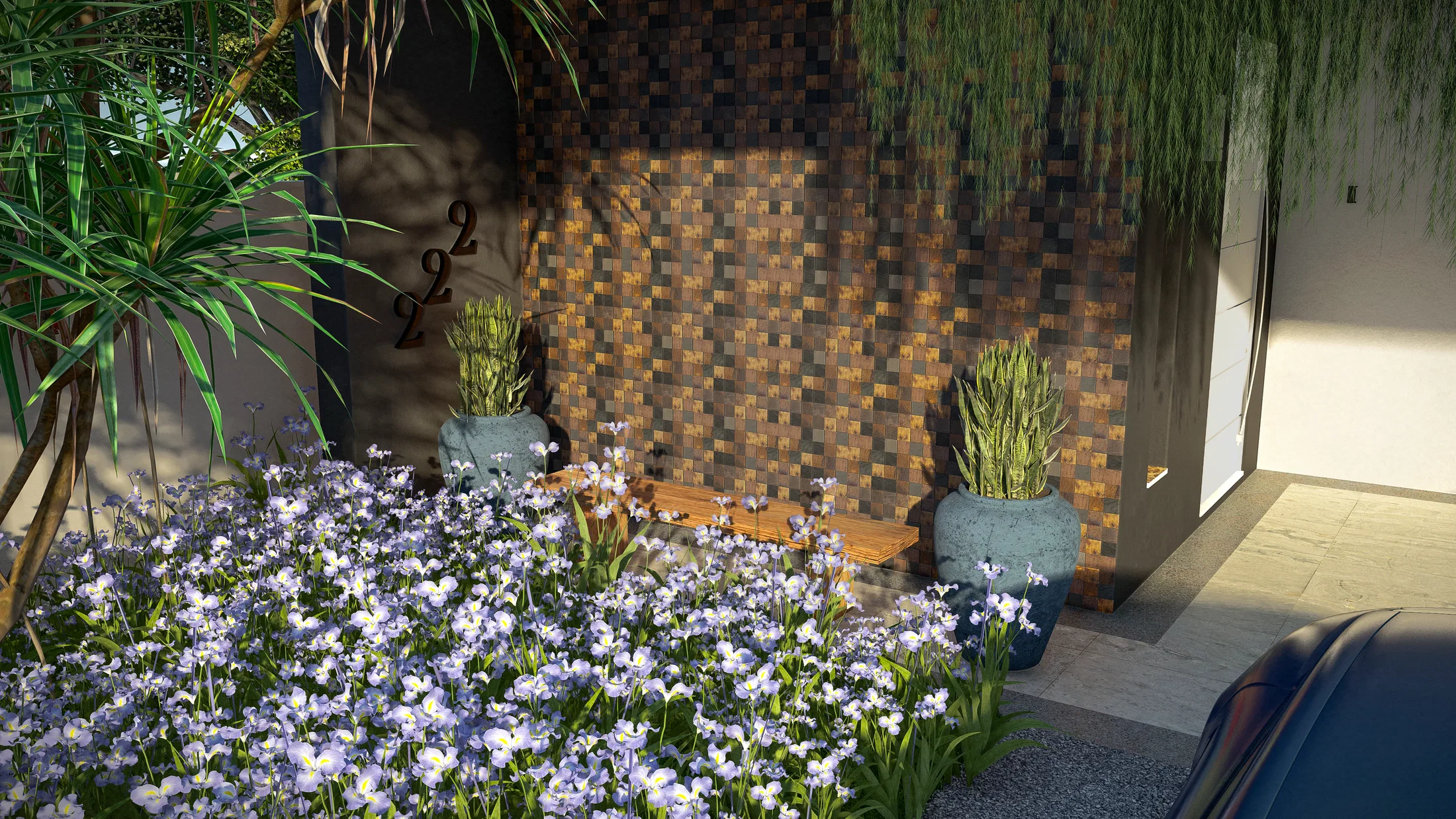 Entrada com painel de madeira em mosaico, vasos de plantas, canteiro de flores roxas e numeração da residência