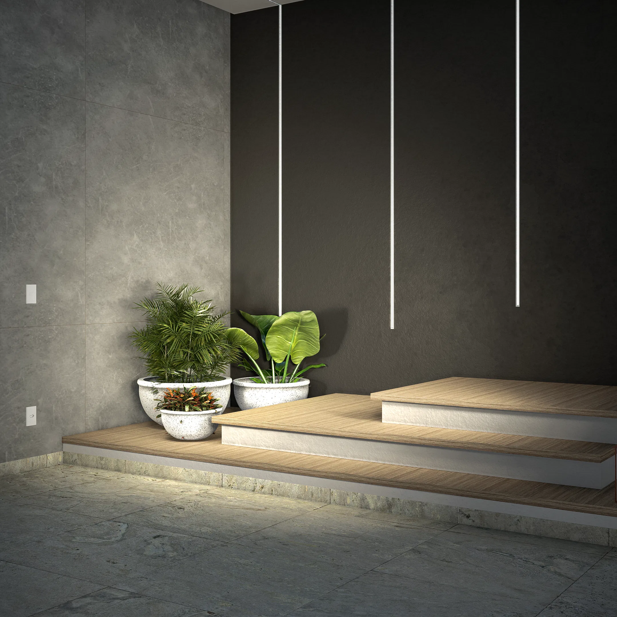 Escadas revestidas em madeira com iluminação linear embutida e vasos de plantas tropicais ao lado