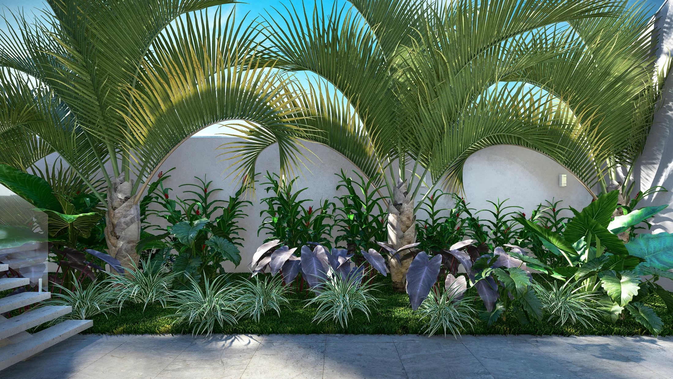Jardim tropical em nichos arqueados no muro, com palmeiras, folhagens variegadas e caládios roxos