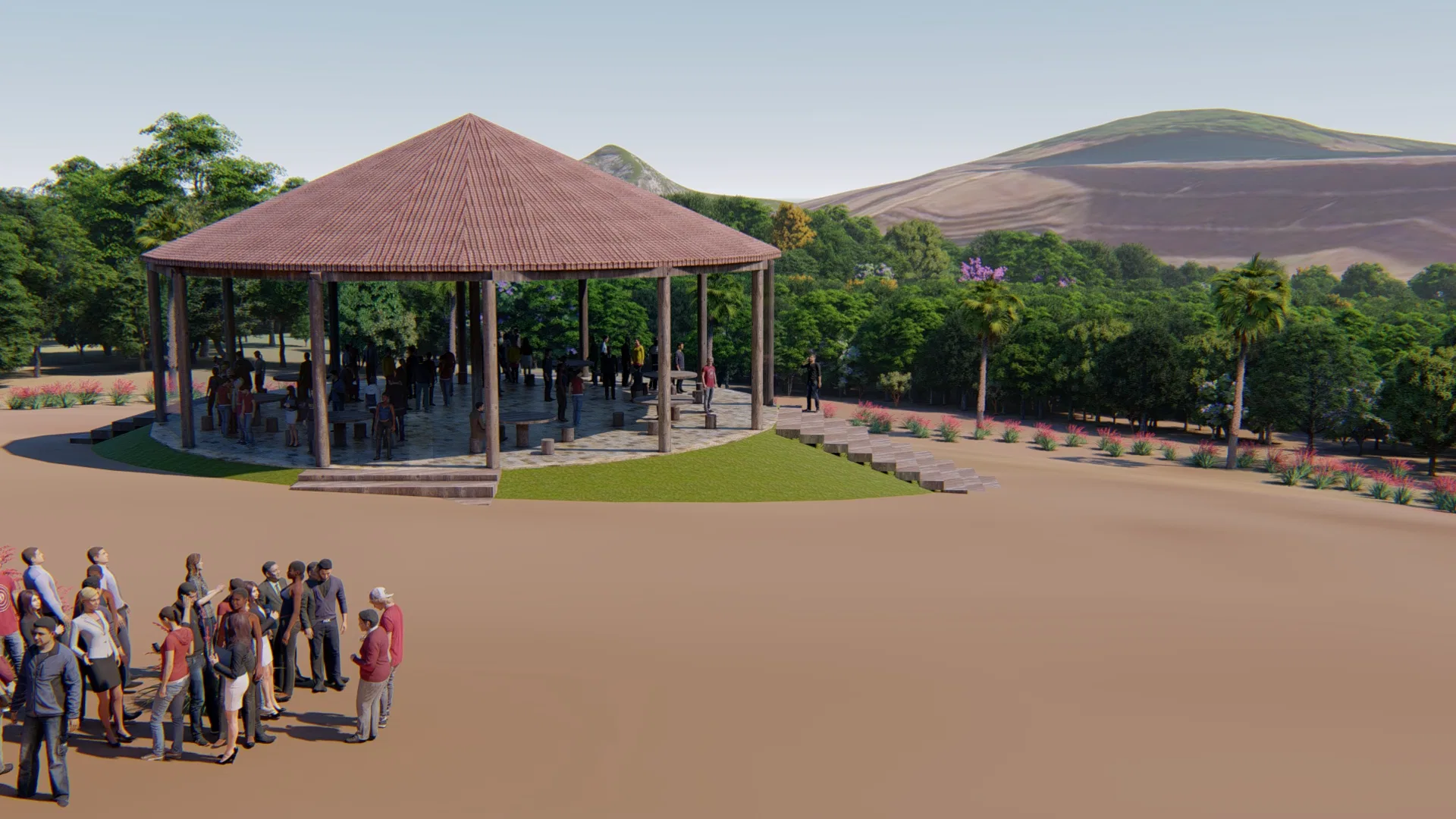 Pavilhão hexagonal de madeira com telhado colonial sobre plataforma elevada, grupo de visitantes reunido e colinas ao fundo