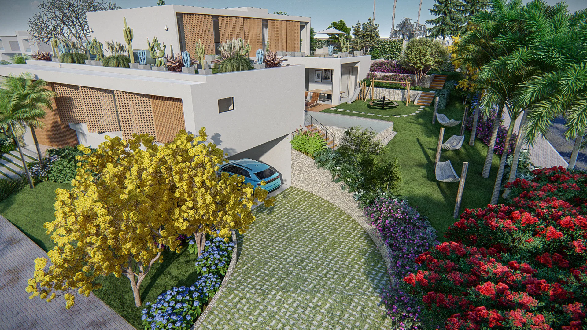 Fachada residencial com jardim de entrada florido, ipê amarelo em destaque, caminho gramado com balanços e vasos de suculentas na cobertura