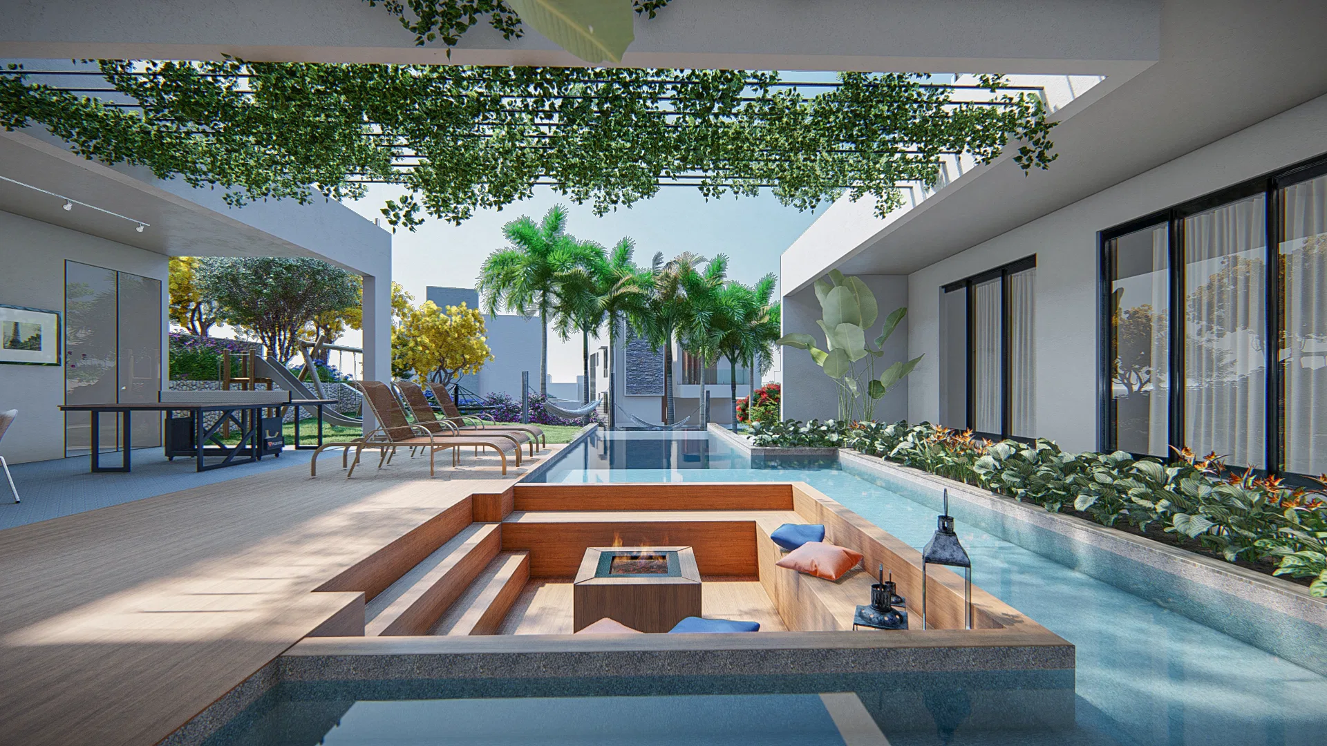 Deck com assentos rebaixados ao redor de fogueira, piscina estreita ladeada por espreguiçadeiras e pérgola coberta de trepadeiras