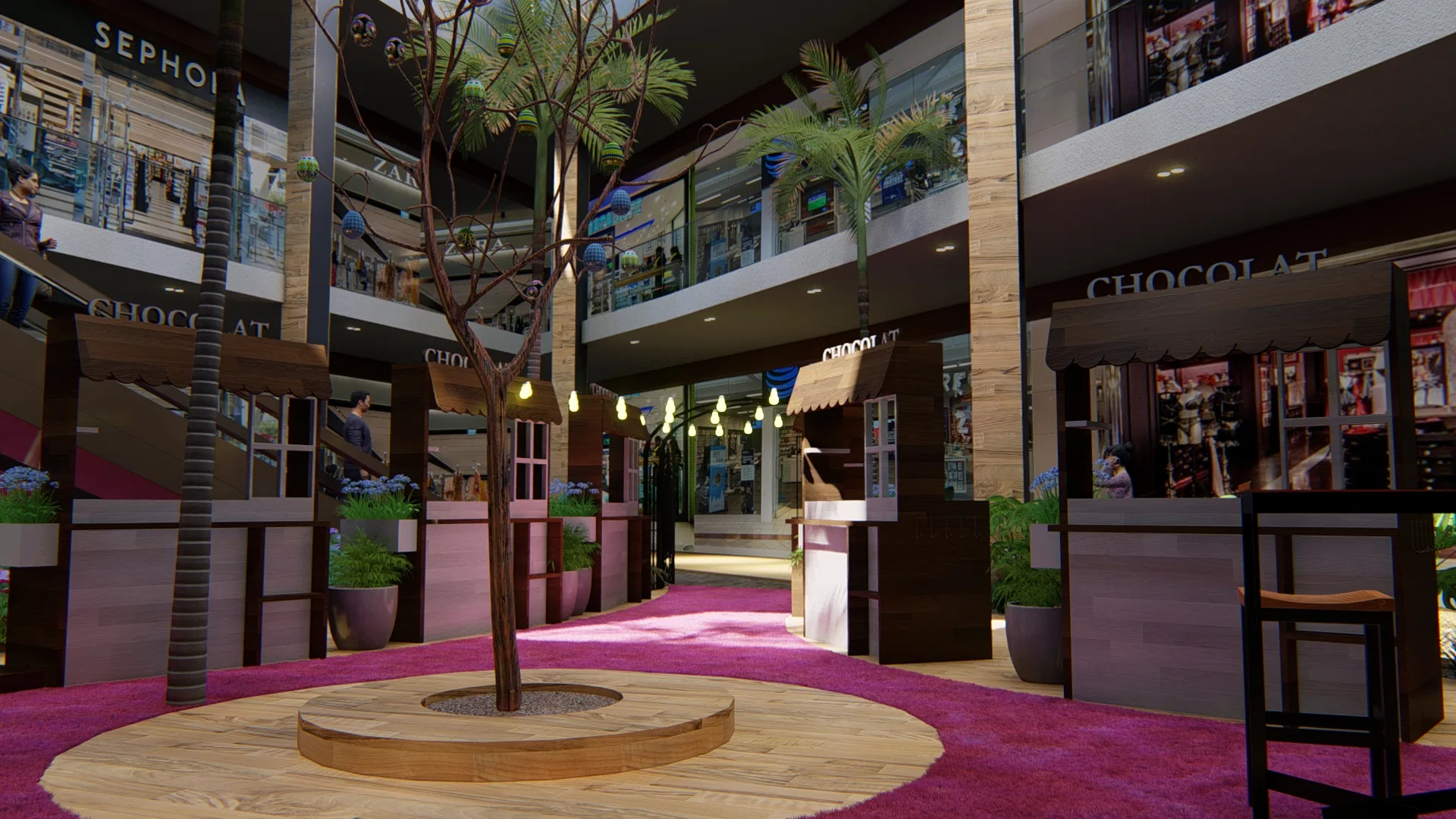 Praça central com piso circular de madeira e banco em torno da árvore, ladeada por bancas de doces com toldos e forração verde.