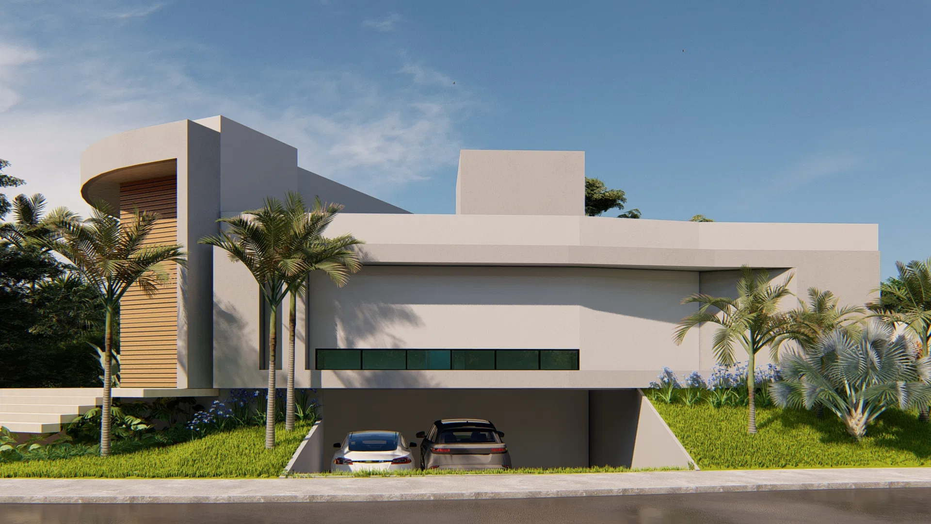 Fachada lateral alongada em branco com fileira de palmeiras, garagem sob o volume abrigando dois carros e maciço de agapantos azuis