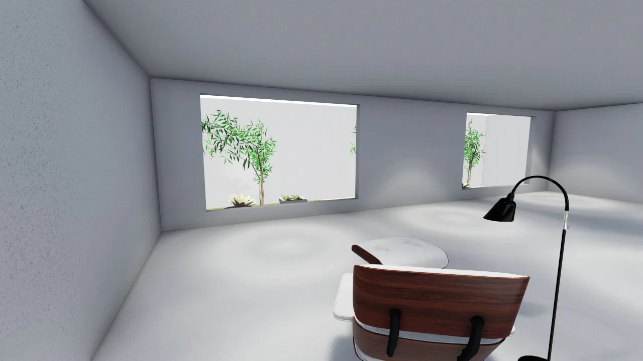 Sala clara e minimalista com poltrona de madeira e luminária de piso, com duas janelas emoldurando as folhagens do jardim externo.