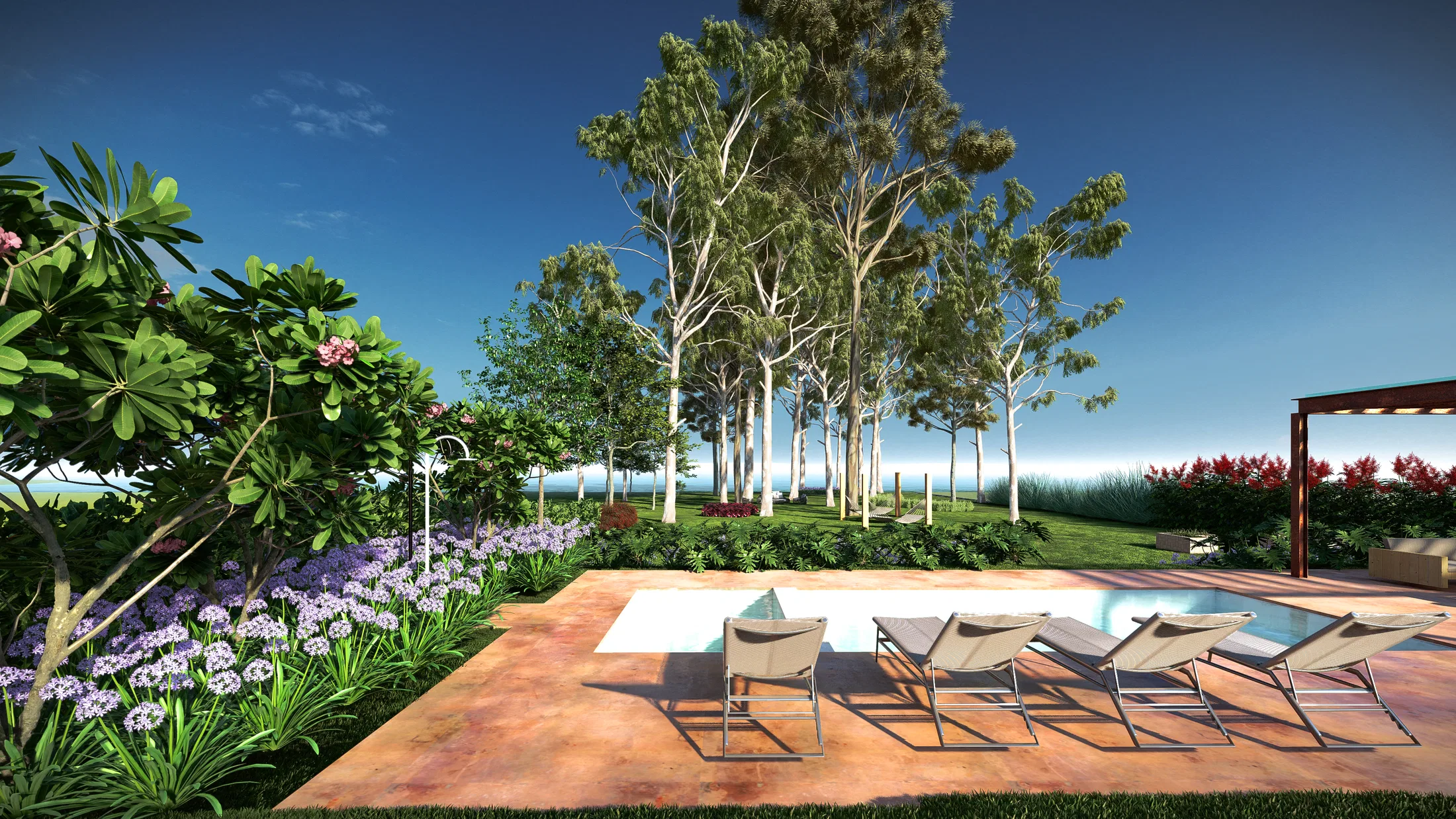 Deck de piscina em terracota com quatro espreguiçadeiras, agapantos e frangipani ao lado, eucaliptos altos e o mar no horizonte.