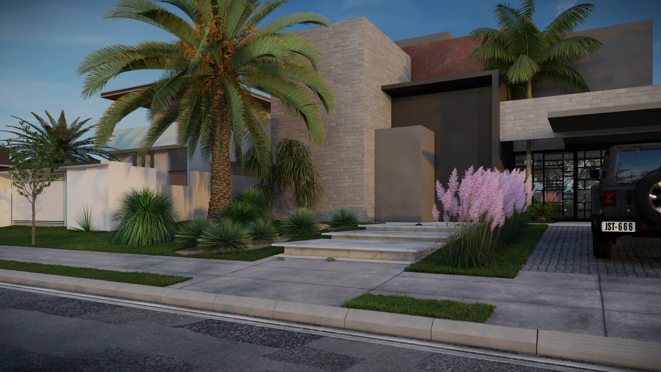 Vista aproximada da fachada com palmeira de grande porte, yucas pontiagudas e capim-dos-pampas rosa emoldurando a escadaria de pedra de entrada