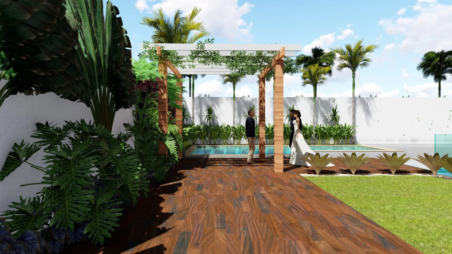 Casal de noivos sob pergolado de madeira coberto por vegetação, em deck de madeira ladeado por folhagem tropical, com a piscina ao fundo