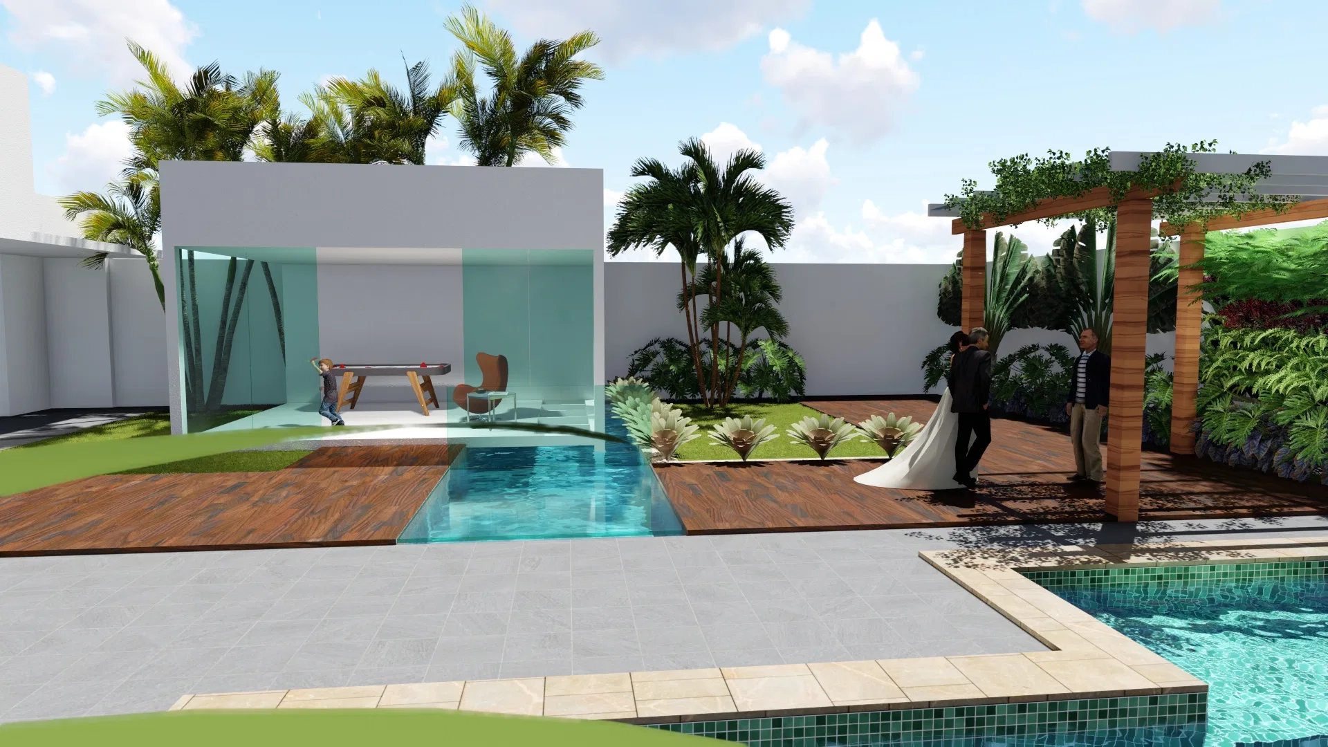 Pavilhão de vidro com pebolim e poltrona, piscina com deck e pergolado de parede verde, com um casal caminhando entre as áreas
