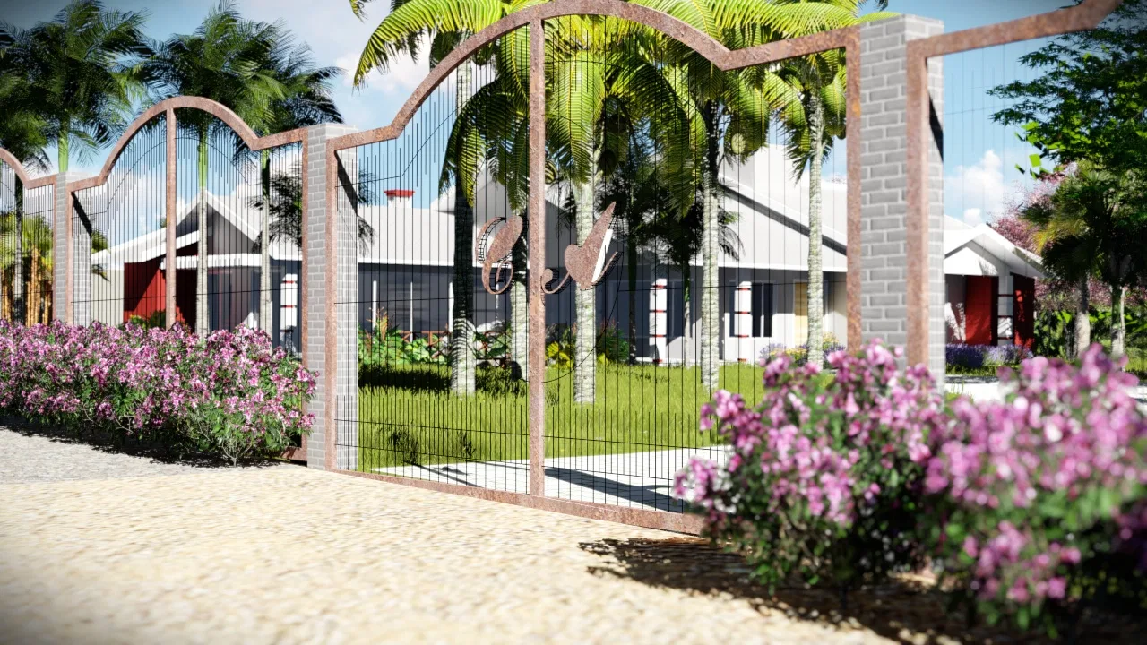 Portão decorativo em ferrugem emoldurado por palmeiras e buganvílias, com as fachadas das casas visíveis ao fundo