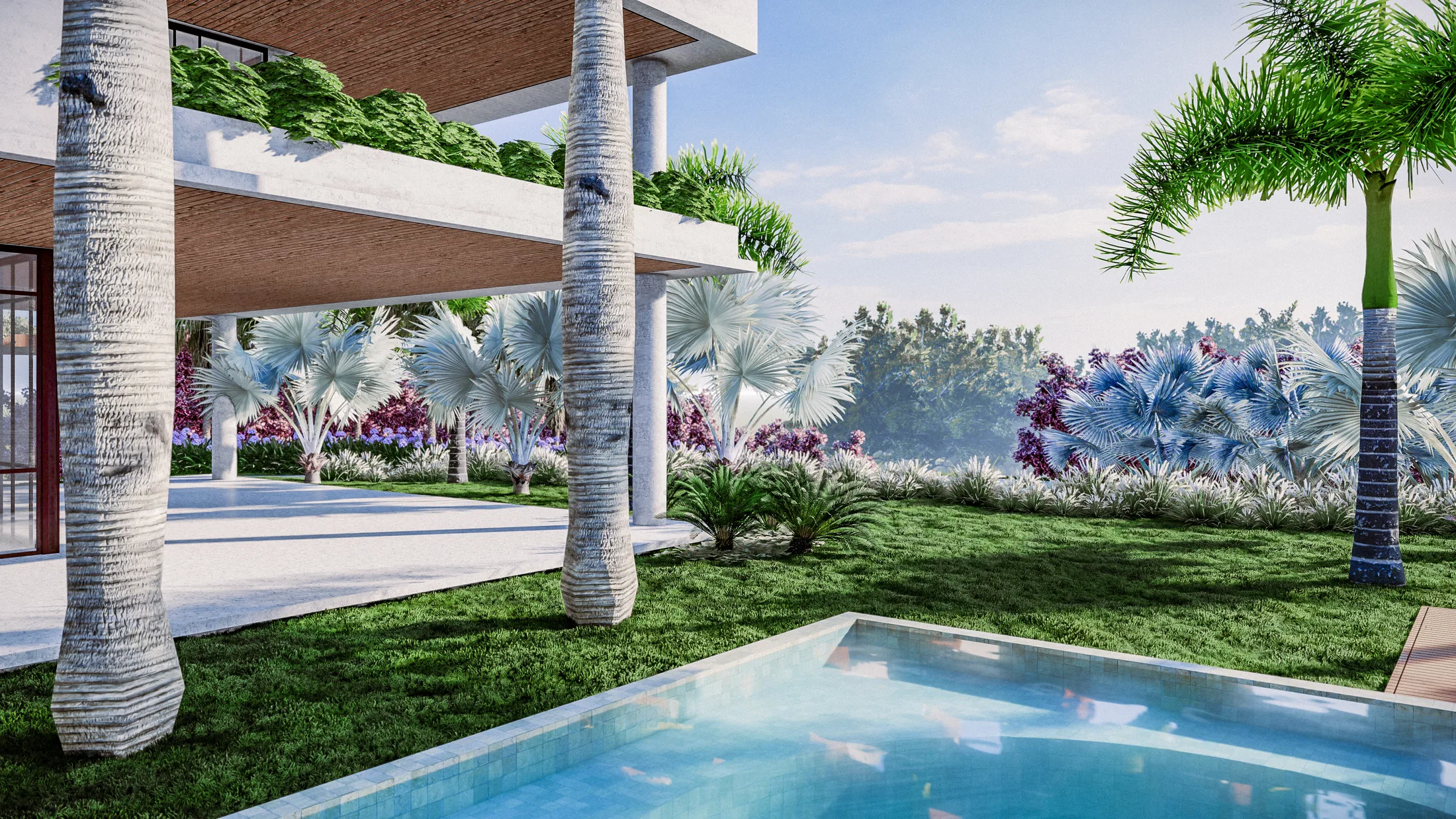Piscina em primeiro plano entre troncos de palmeira, com leques prateados e maciços floridos sob a estrutura da casa.