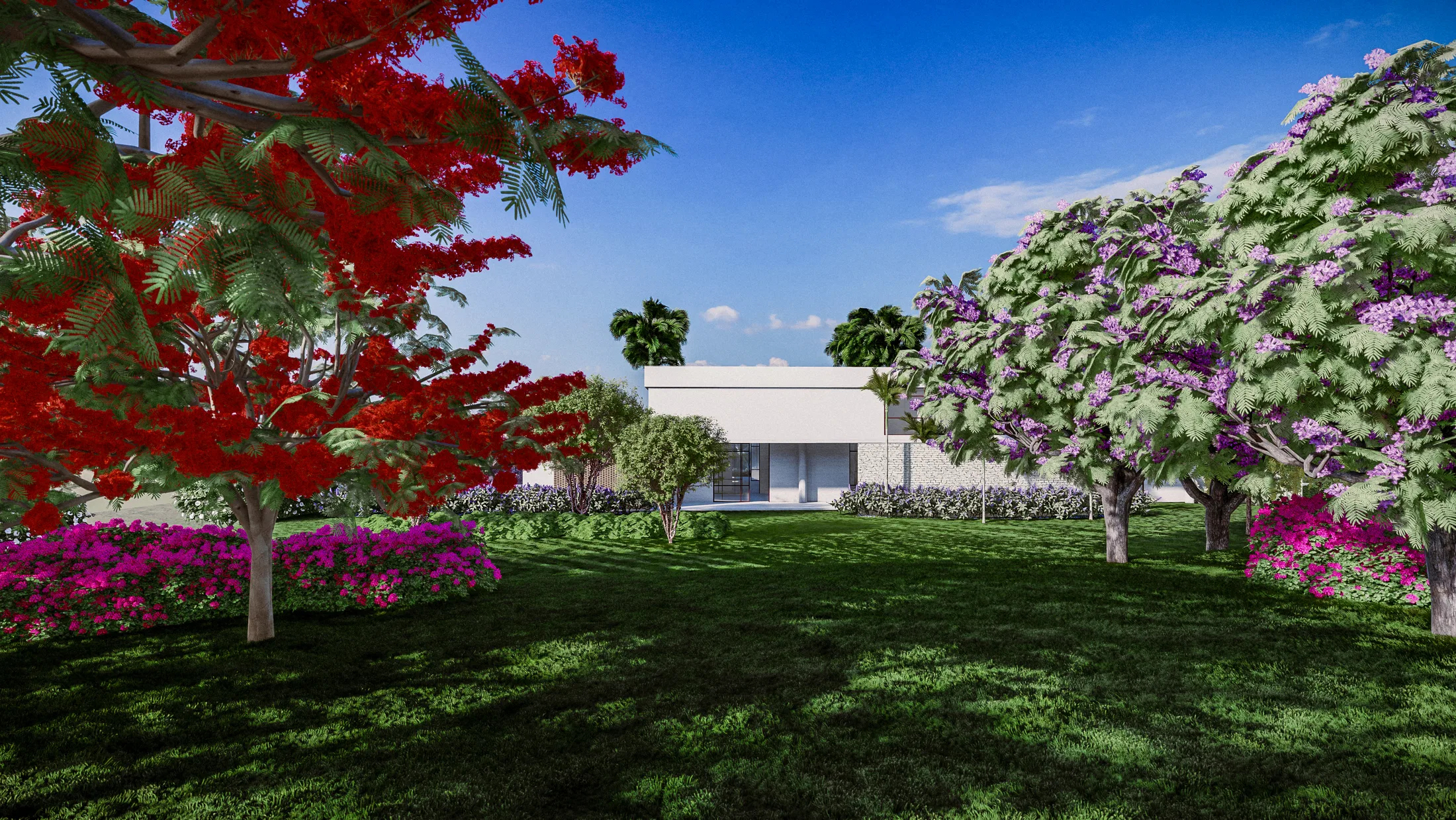 Jardim com árvore de flores vermelhas, buganvílias rosa e copa florida em roxo, sobre gramado extenso, casa branca ao fundo.