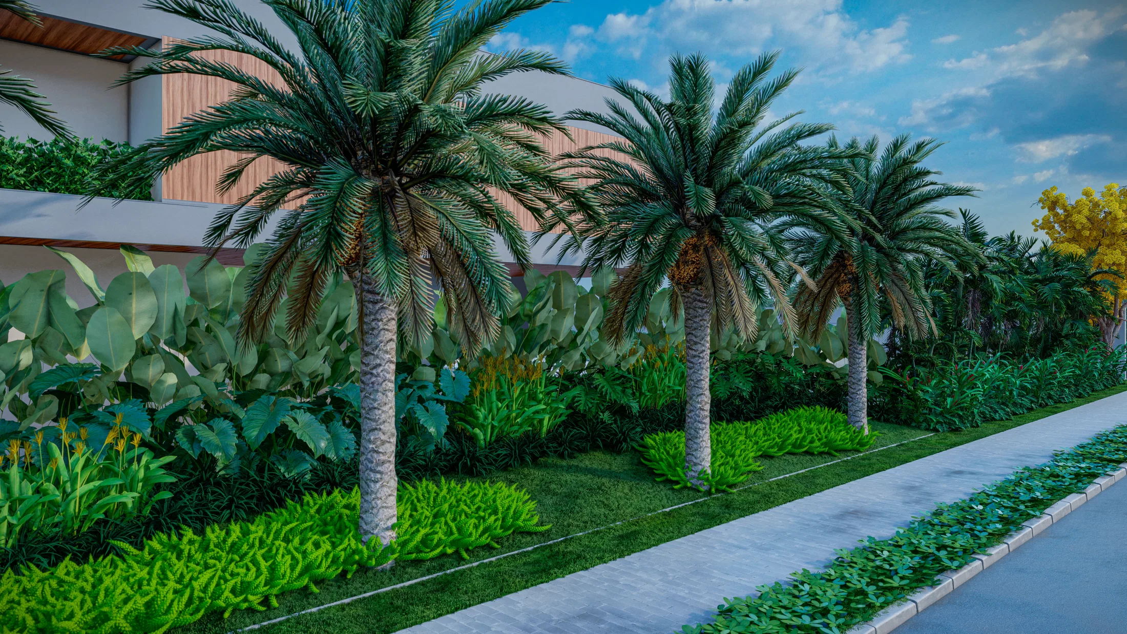 Faixa de jardim junto à calçada com três palmeiras de tronco robusto e forração densa de folhagens tropicais.