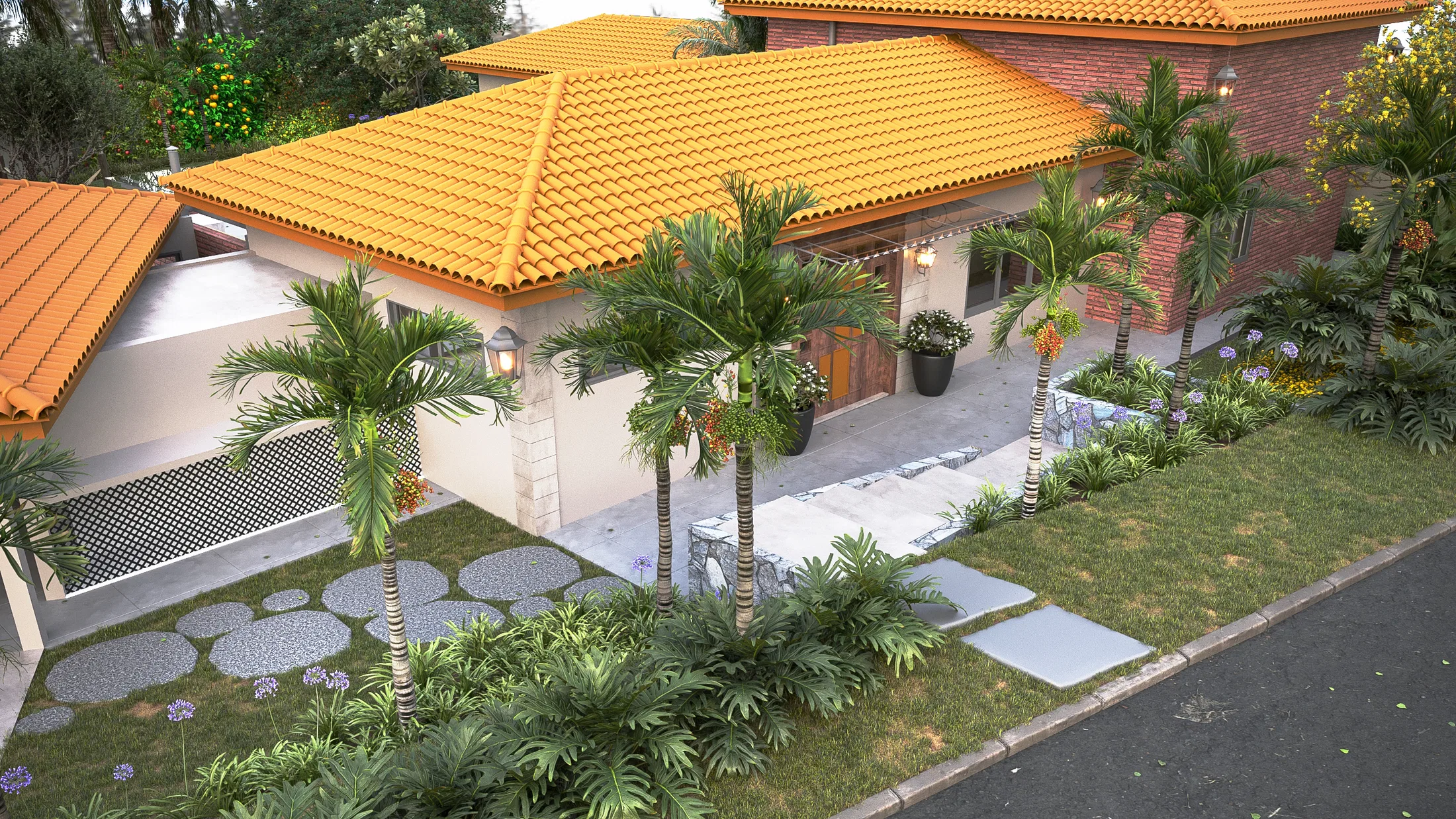 Ângulo elevado do jardim frontal com palmeiras de frutos alaranjados, piso de placas circulares, agapantos floridos e folhagens tropicais junto à fachada.