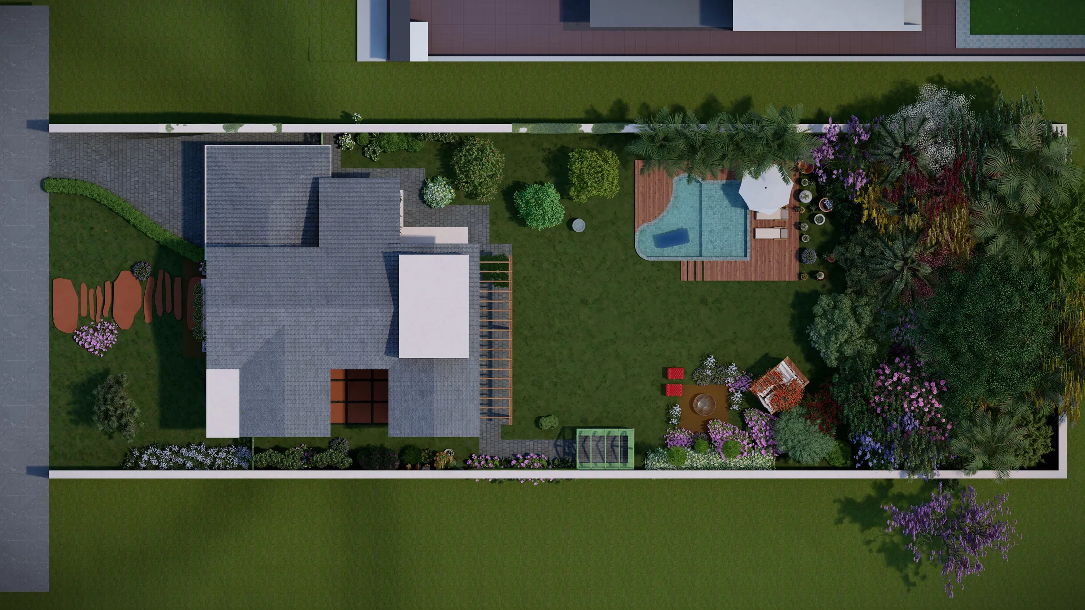 Vista aérea de topo do lote com o telhado da casa, a piscina com deck, os canteiros, a estufa e o paisagismo distribuído pelo terreno.