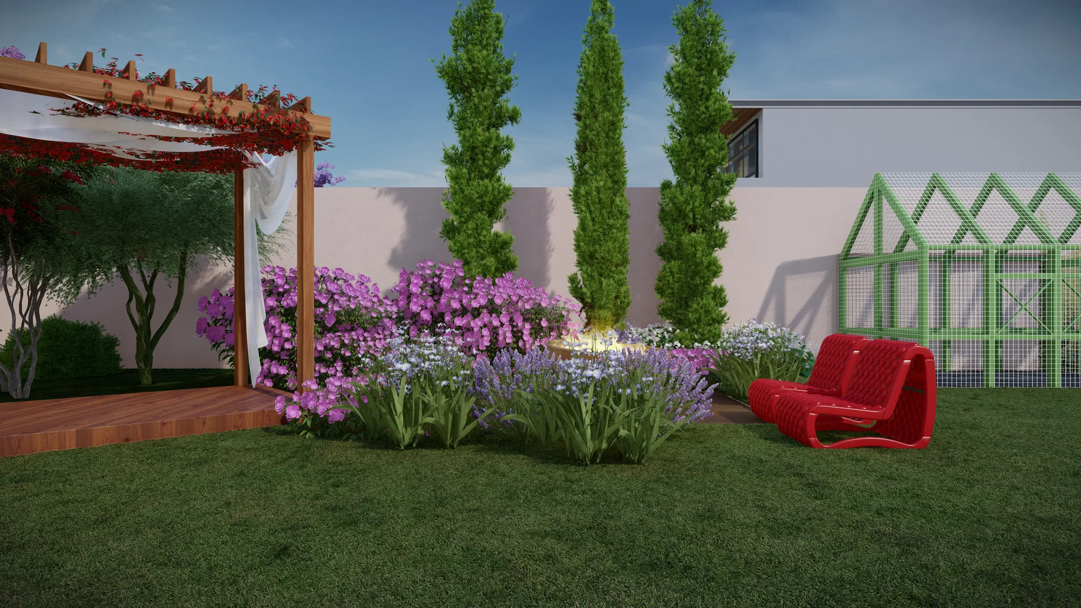 Recanto do jardim com pergolado de cortinas brancas, ciprestes colunares, maciços de flores roxas, uma poltrona vermelha e uma estufa de vidro à direita.