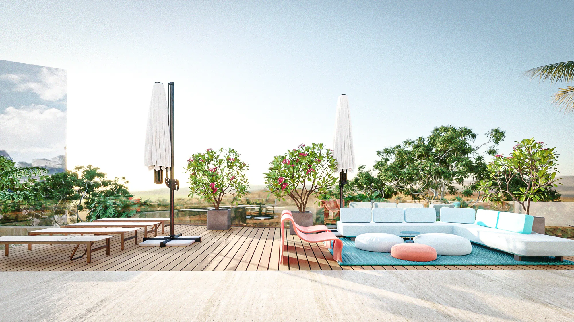 Deck de cobertura com sofás e espreguiçadeiras ao redor de guarda-sóis fechados, vista panorâmica da paisagem ao fundo