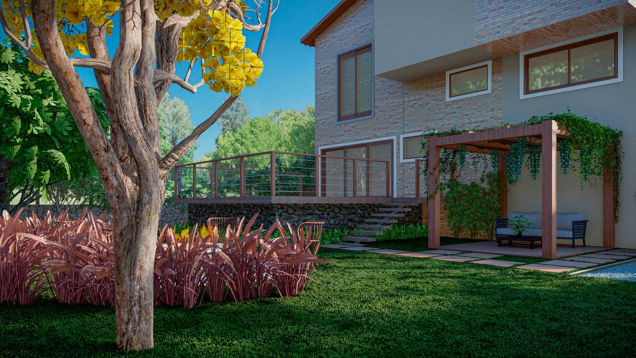 Deck elevado com escada e guarda-corpo de vidro junto à casa em tijolo, pergolado de madeira e árvore de copa amarela florida ao lado