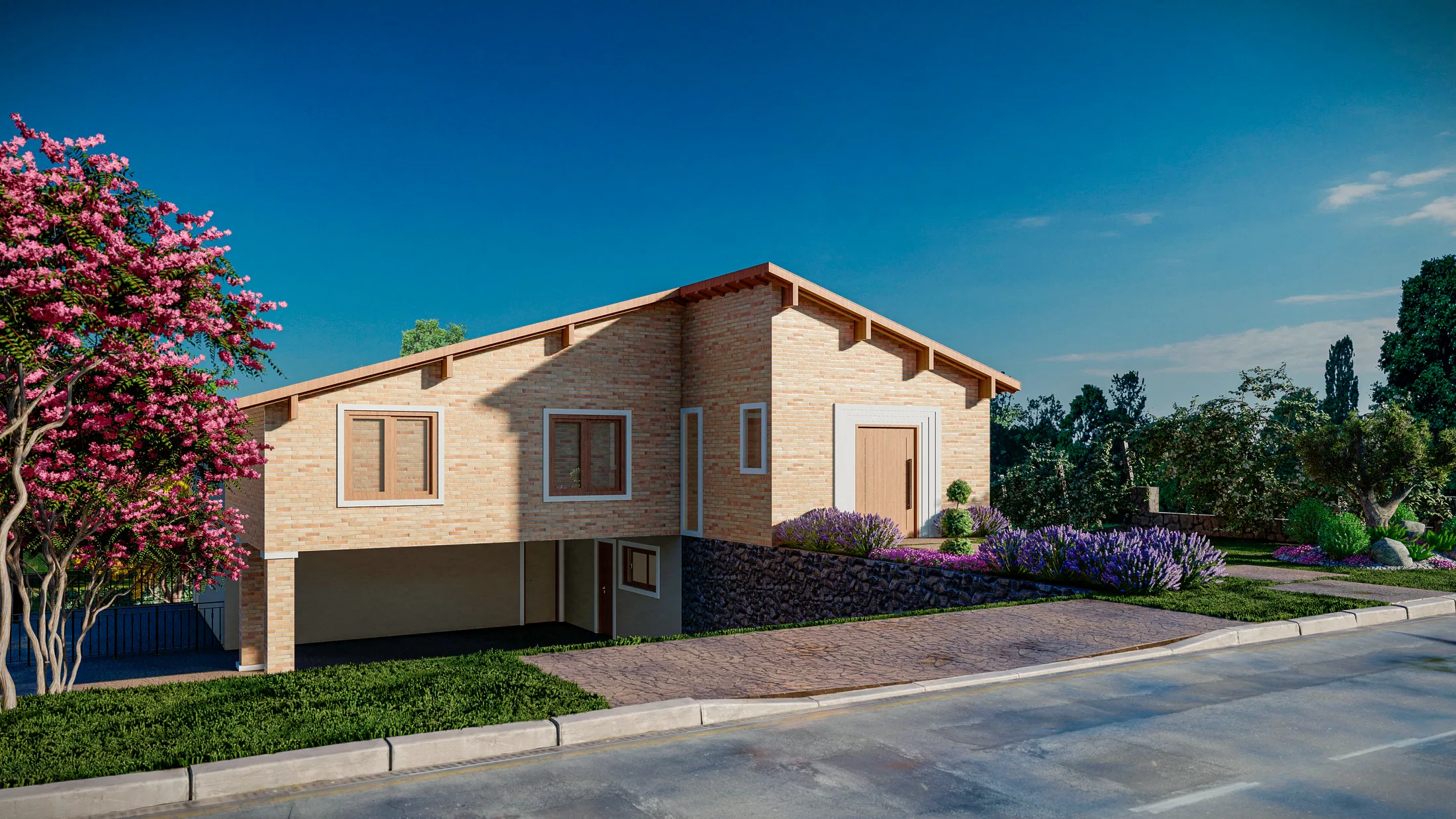 Vista angular da fachada em tijolo com garagem sob o pavimento superior, árvore florida rosa e canteiro de lavanda junto ao acesso