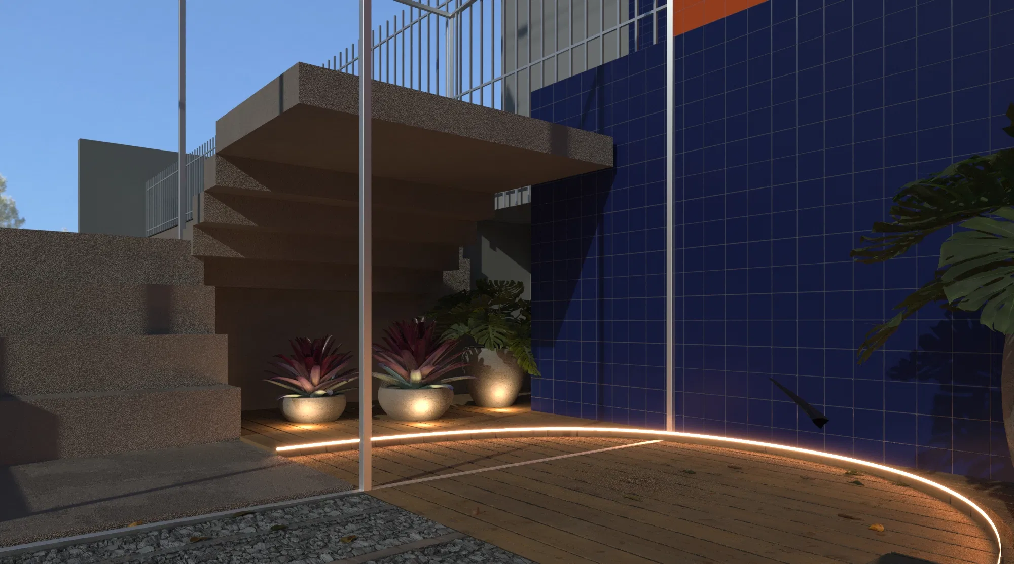 Escadaria de concreto à noite sobre deck de madeira, com bromélias em vasos-taça e fita de LED contornando a borda diante do muro azul.