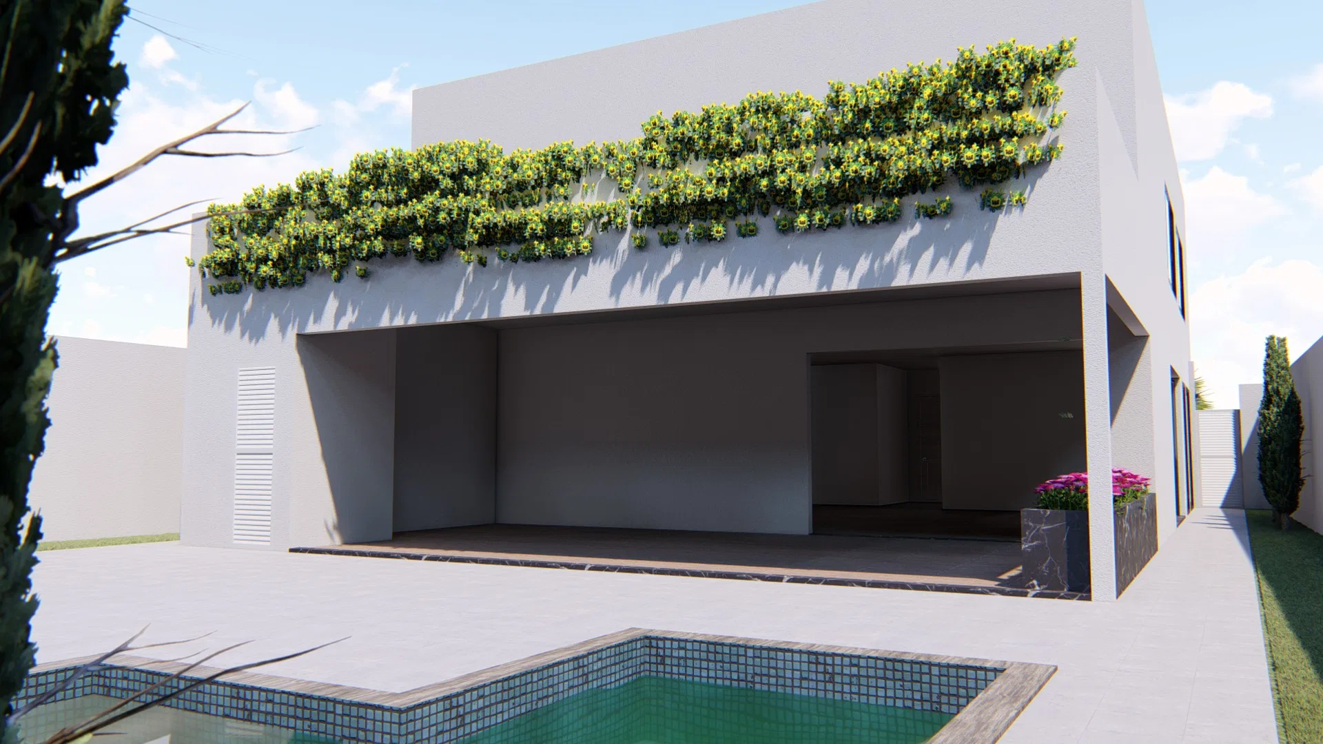 Fachada dos fundos com jardim vertical sobre a laje, pavimento térreo aberto e piscina em primeiro plano