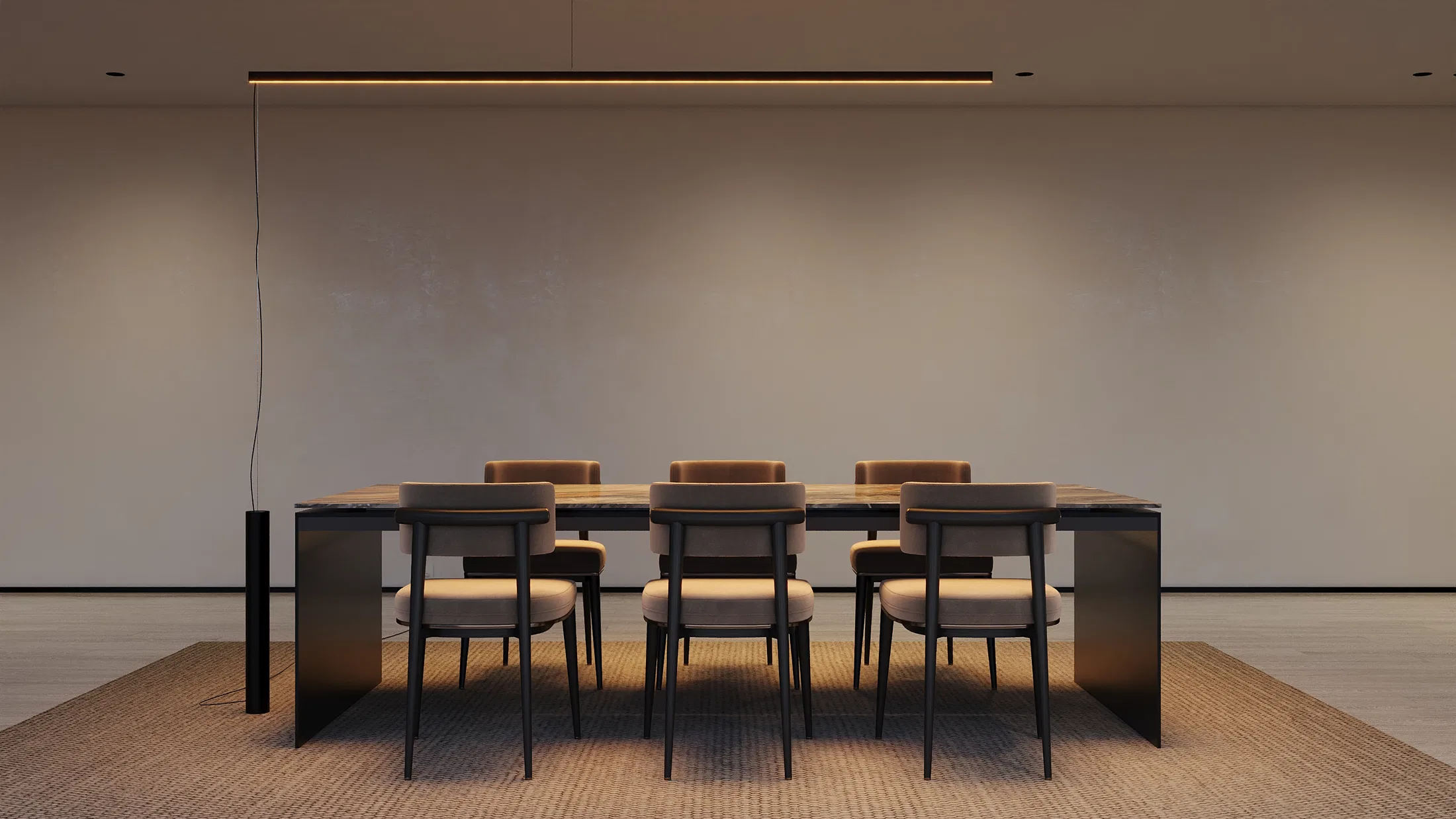 Mesa de jantar com seis cadeiras estofadas diante de parede lisa clara, iluminada por linha de luz linear suspensa acima do tampo.