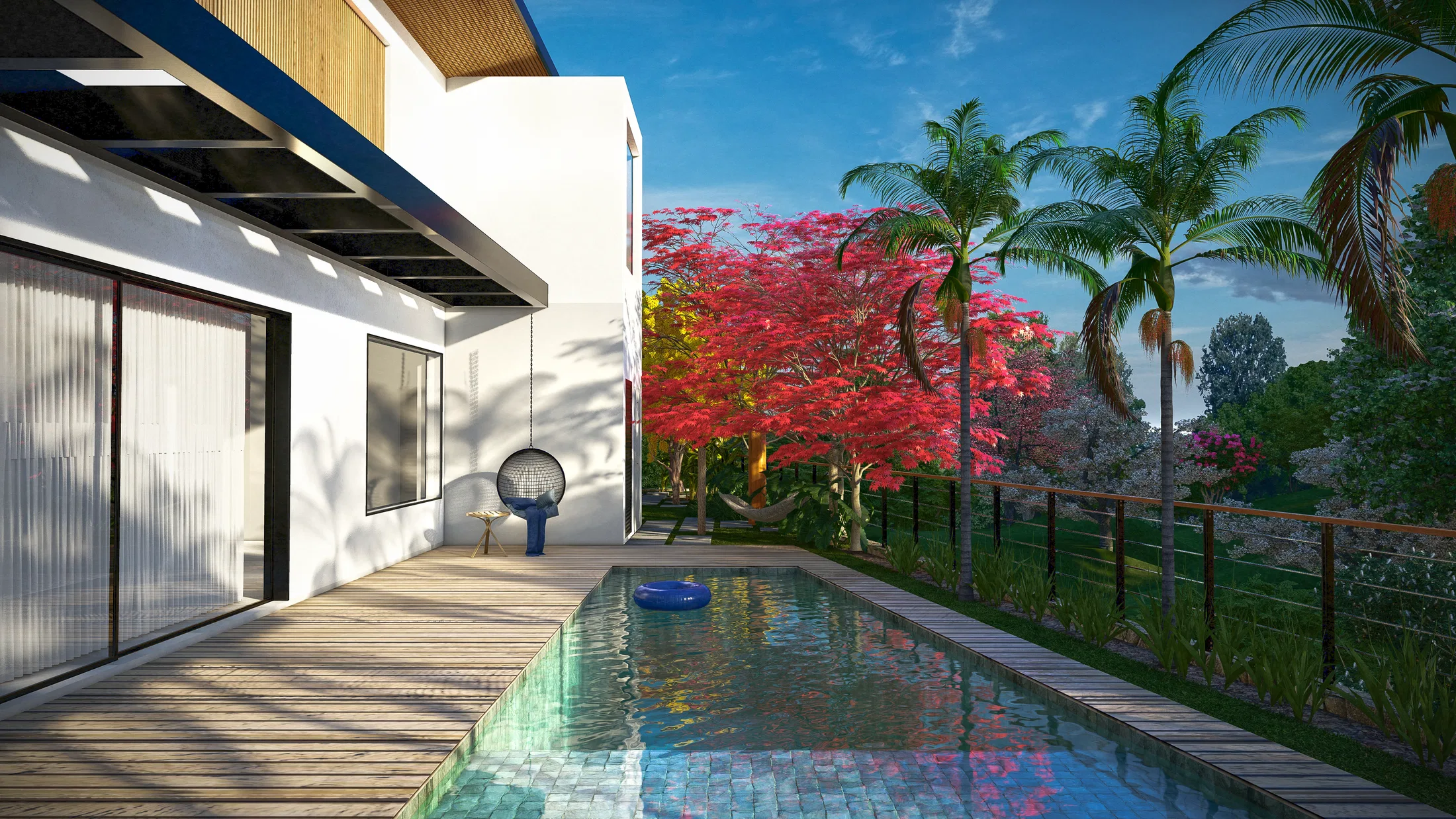 Deck de piscina com cadeira suspensa azul e estar externo, tendo ao fundo árvores floridas e palmeiras sobre o gradeado do limite