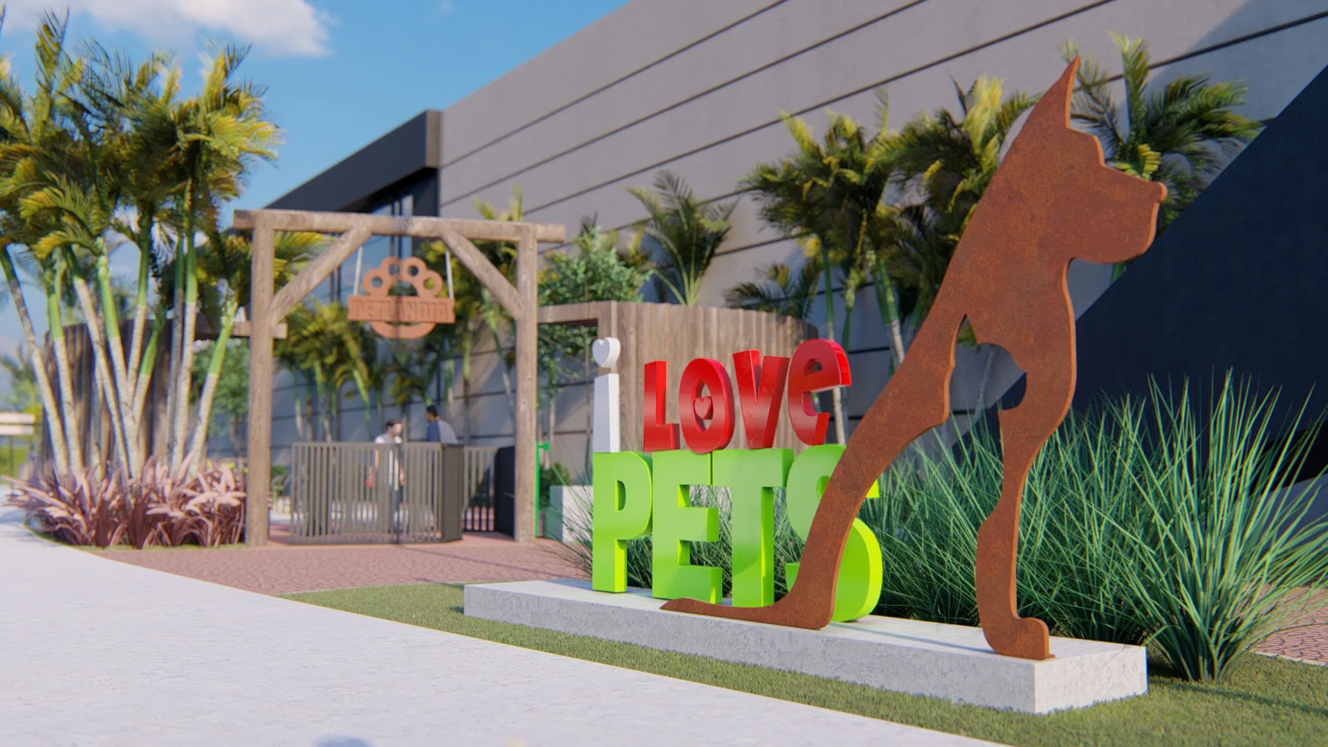 Pórtico de entrada com escultura de cão em aço corten, letreiro tridimensional 'I Love Pets', pérgola de madeira e gramíneas roxas junto à parede do mall