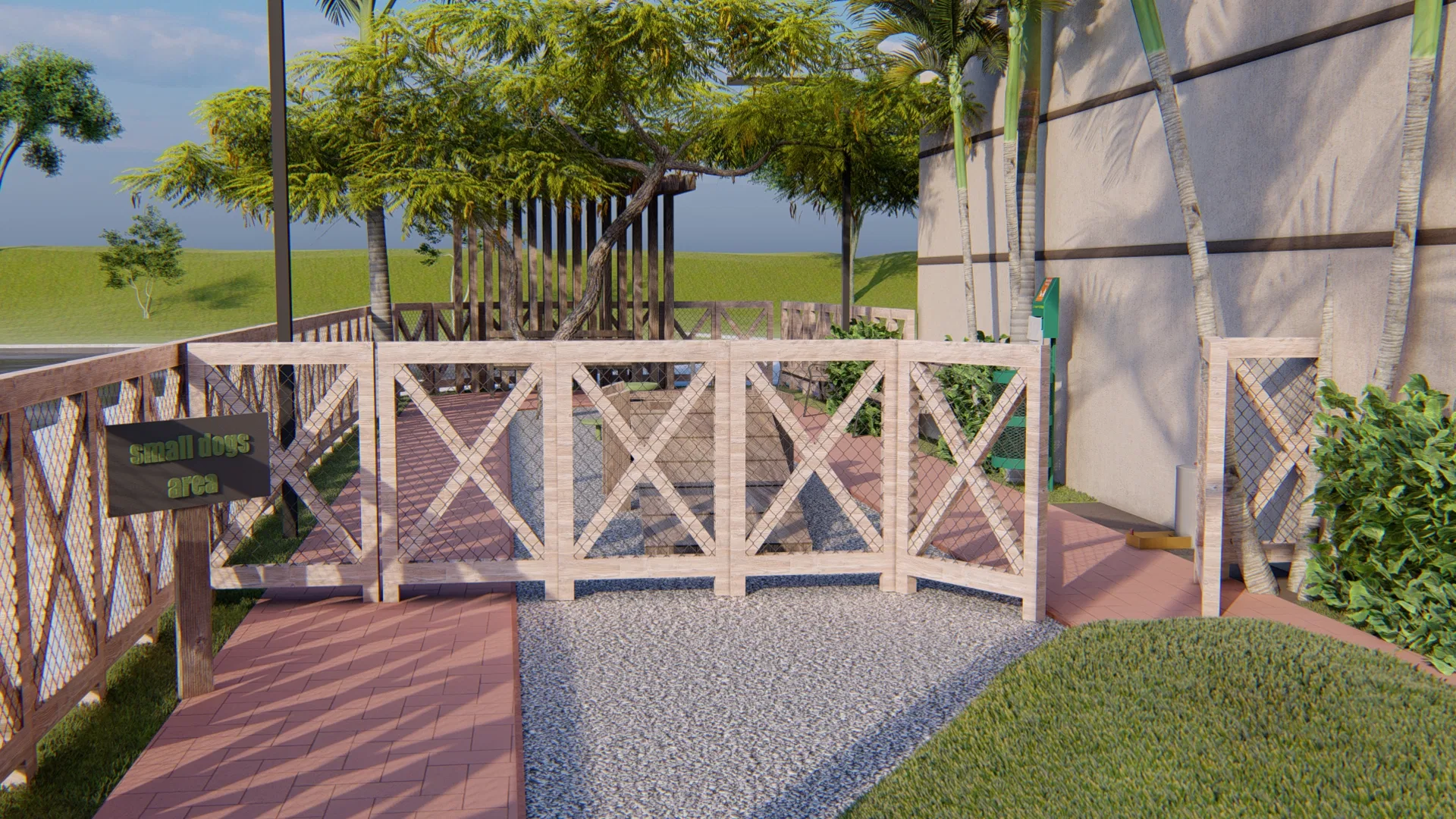 Área cercada por gradil de treliça branca, com placa de setor para cães pequenos, piso de brita e intertravado e pérgola ao fundo