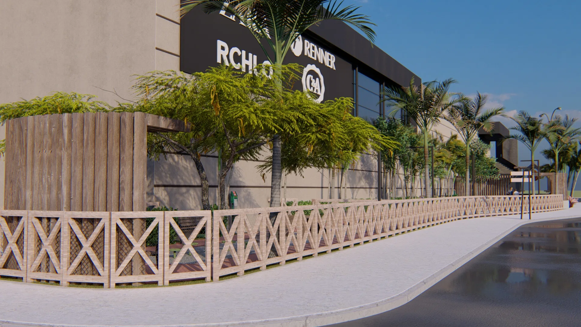 Passeio perimetral acompanhando a fachada do mall, com gradil de treliça branca, caminho curvo e renque de palmeiras em canteiro com biombo ripado
