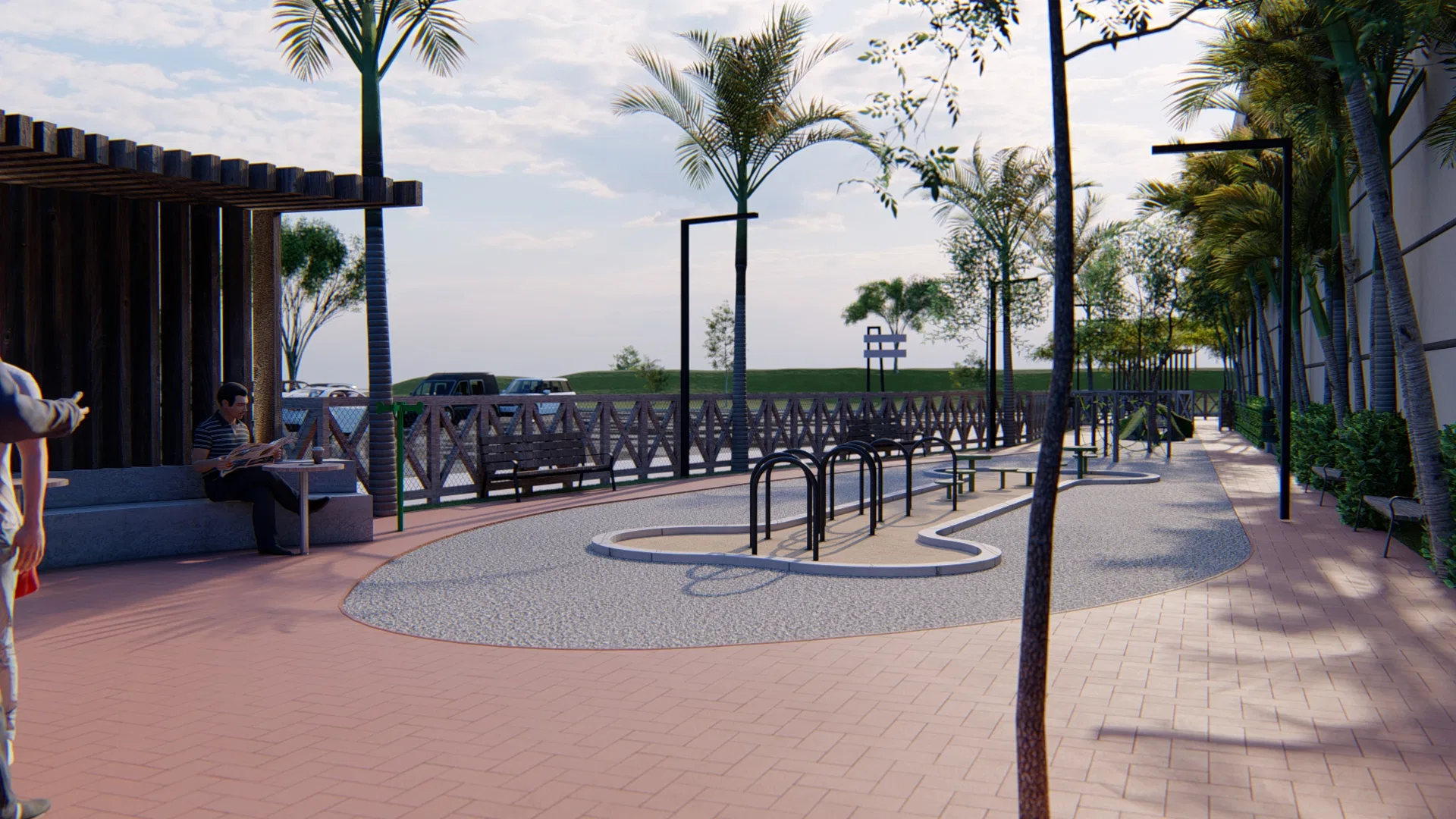 Passeio interno do pet park em piso intertravado, com circuito circular de agility, pérgola de sombra à esquerda e pessoa lendo em banco entre palmeiras