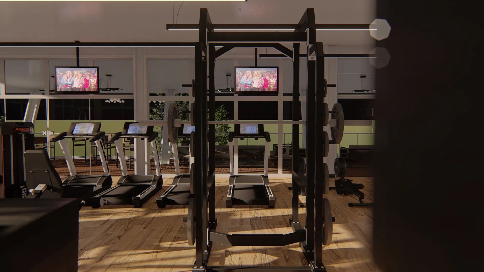 Zona de cardio com rack de potência ao centro, fileira de esteiras ao fundo diante das janelas, parede de destaque verde e televisores ligados