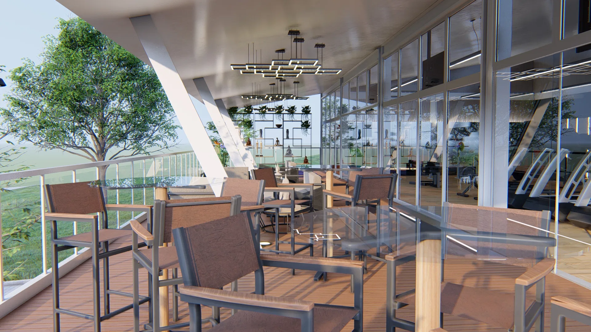 Deck coberto de madeira com banquetas e cadeiras trançadas em mesas de vidro, pendentes geométricos e parede de vidro revelando o interior da academia