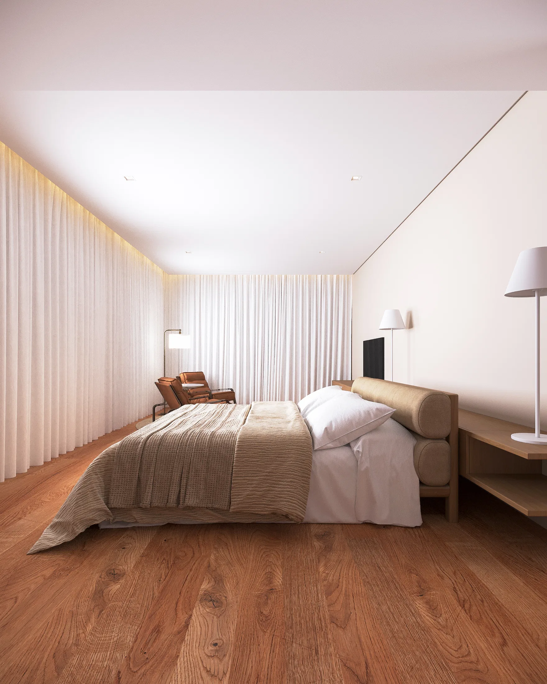 Perspectiva do ambiente de estar do Apartamento Birdie, evidenciando a continuidade espacial e a seleção de luminárias de design.