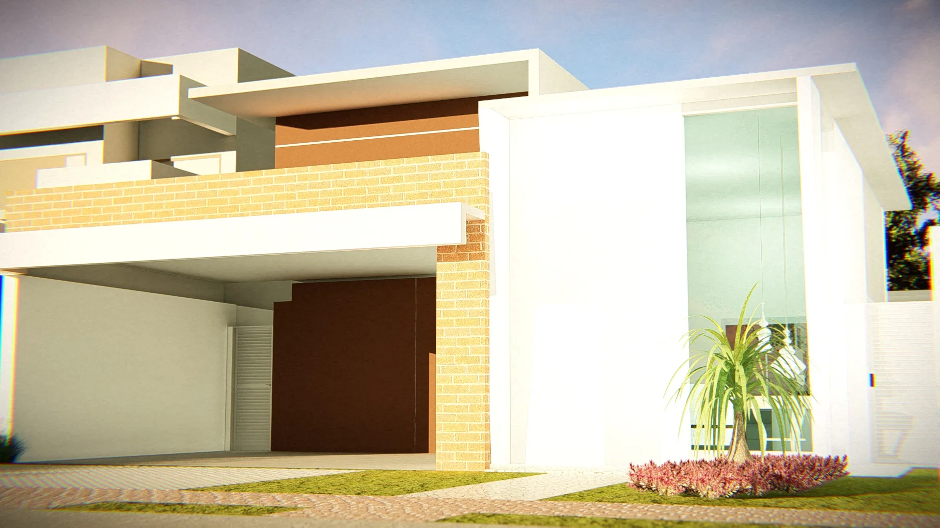 Vista aproximada da fachada, com volumes brancos, parede em revestimento amarelo e esquina de vidro, com uma dracena e canteiro de flores rosa na base