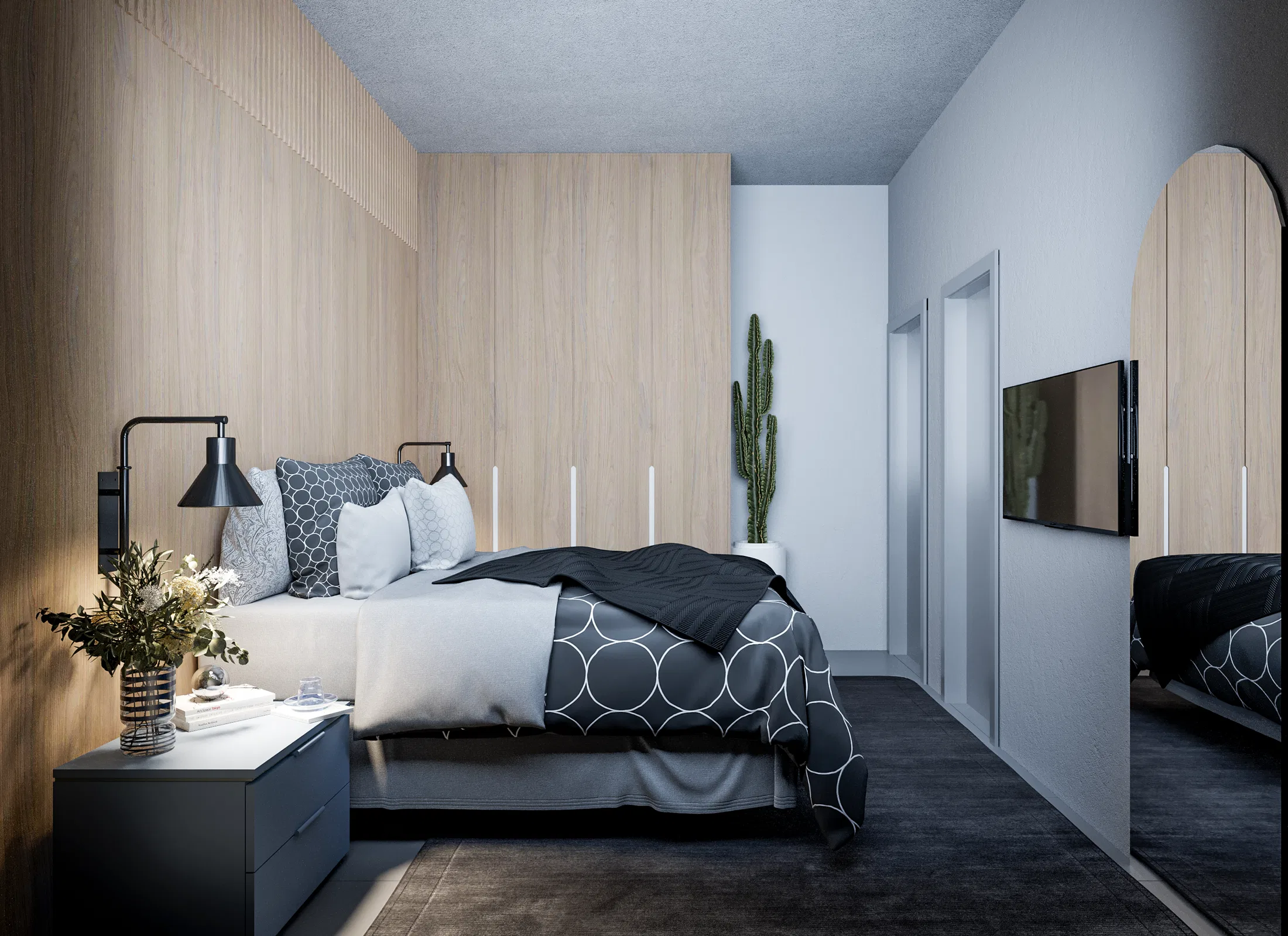 Quarto com painel de madeira ripada, cama de casal com roupa de cama em padrão gráfico e planta de cacto ao lado