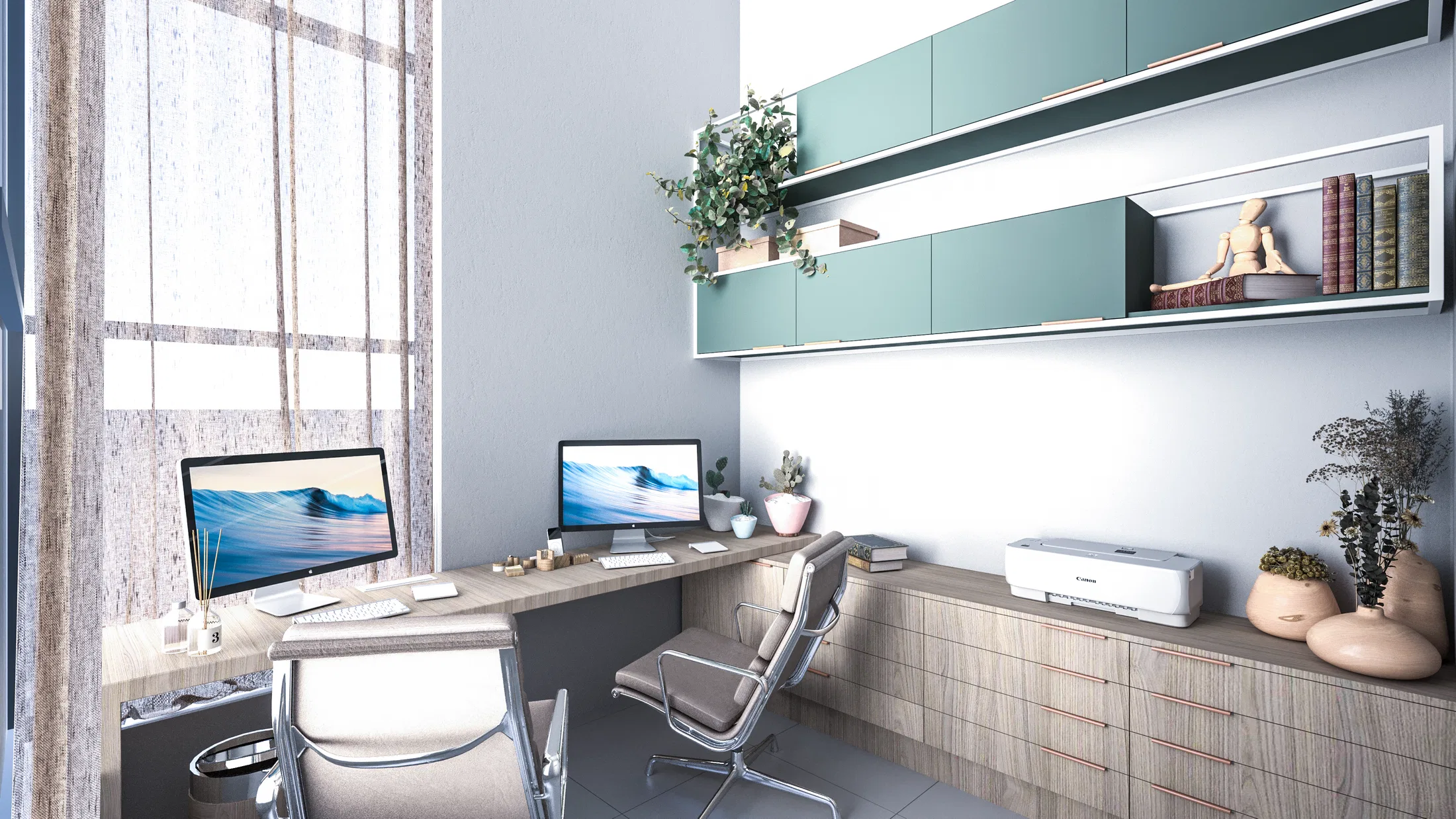 Home office com duas estações de trabalho lado a lado, armários verde-água e prateleira com livros e plantas