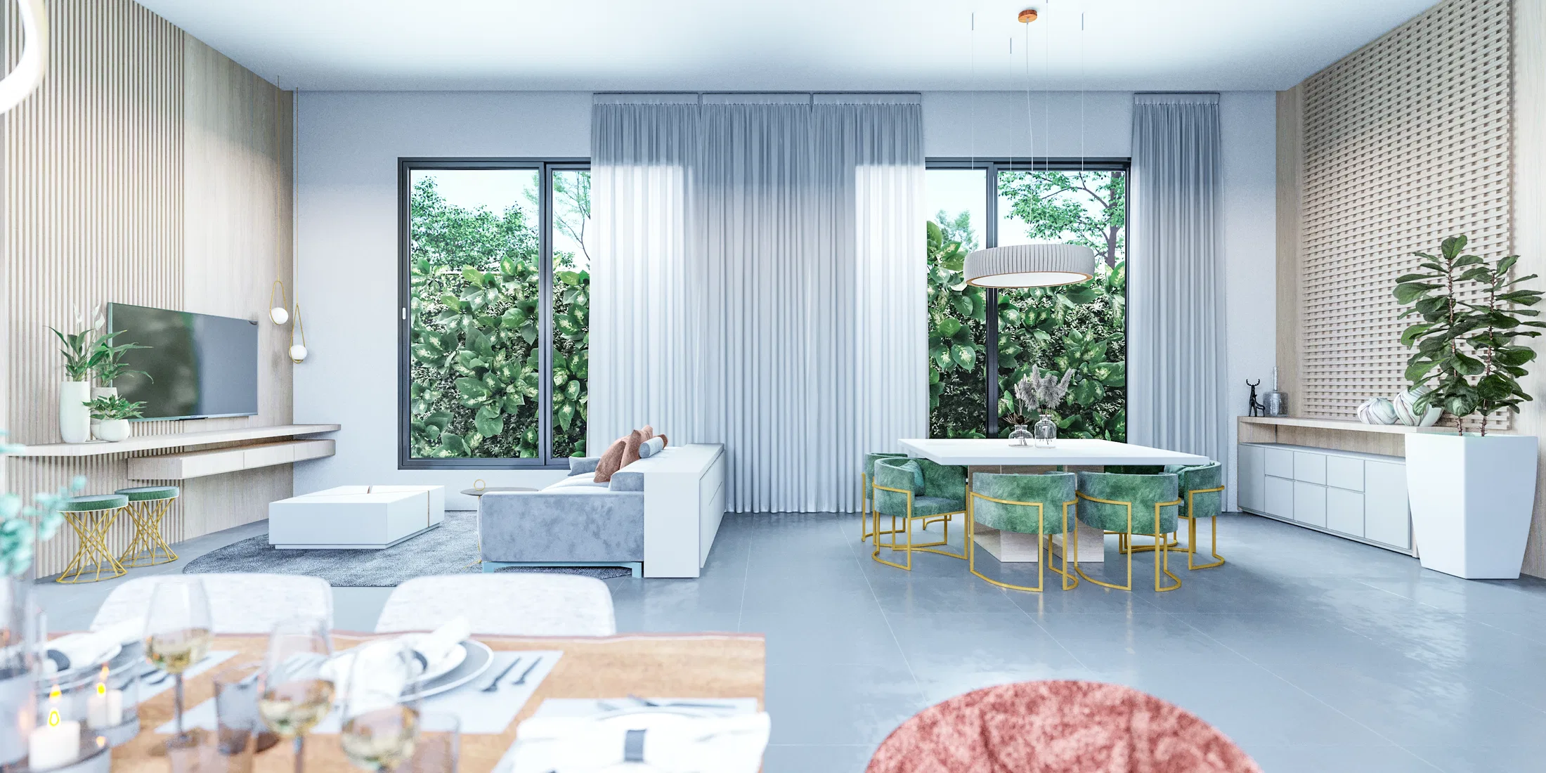 Sala de estar e jantar integradas, com sofá branco, painel de TV em madeira ripada e cadeiras verdes com estrutura dourada