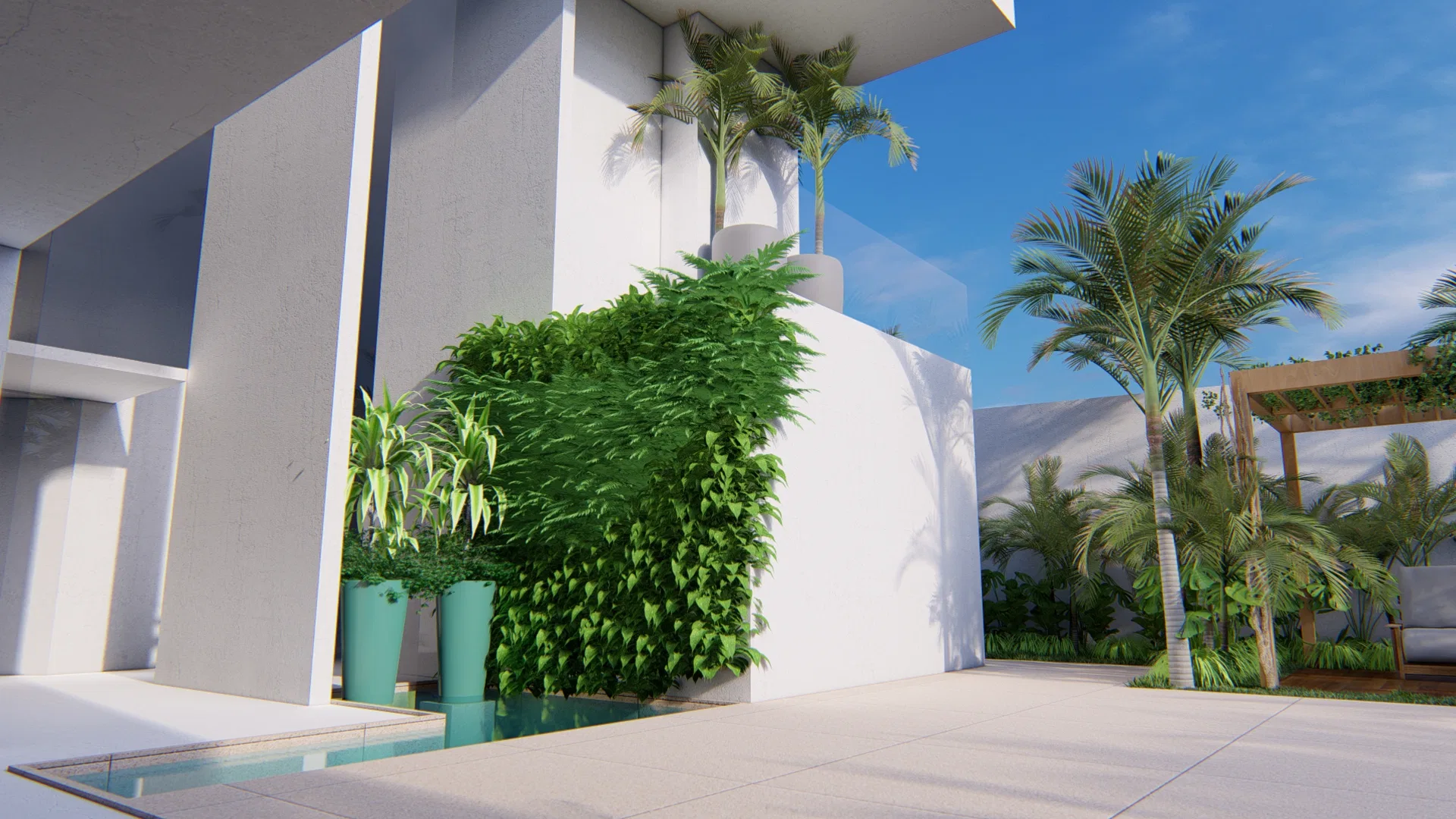 Recanto junto à fachada branca com jardim vertical trepando o muro, vasos turquesa e lâmina d'água rasa ao pé