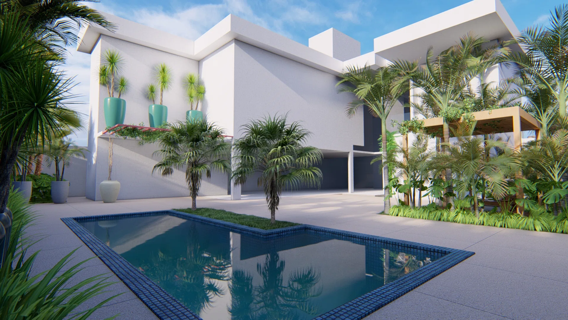 Piscina com ilha gramada e palmeira central, vasos turquesa sobre prateleira na fachada e pergolado à direita