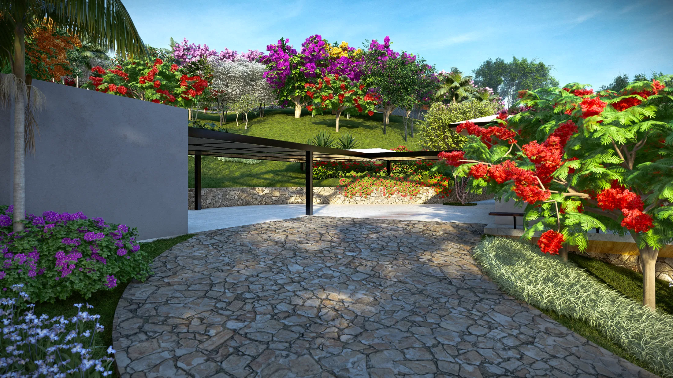 Acesso de garagem sob pergolado na encosta, com muro de pedra e vegetação florida em tons roxos e vermelhos ao redor.