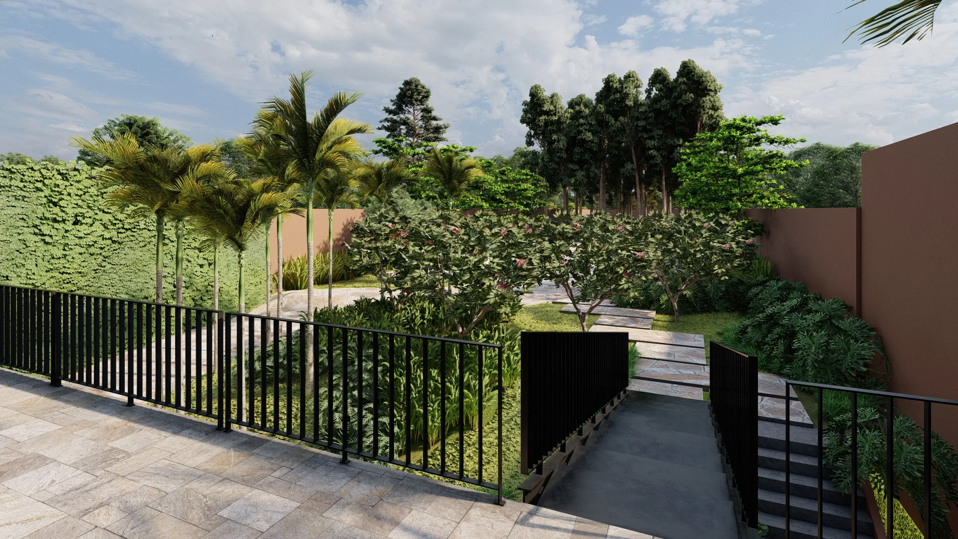 Piscina junto à casa, ladeada por palmeiras altas em jardineiras e guarda-corpo metálico, com parede coberta de trepadeiras ao fundo