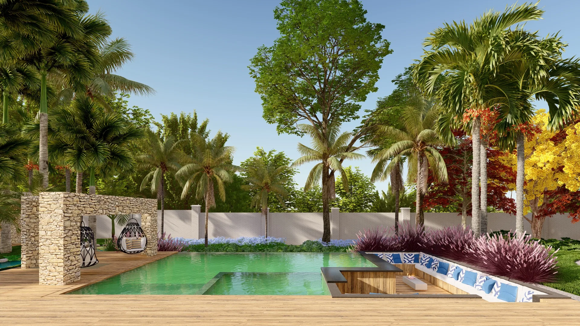 Piscina com deck de madeira, cabana de pedra com cadeiras suspensas e estar rebaixado de almofadas estampadas entre gramíneas arroxeadas
