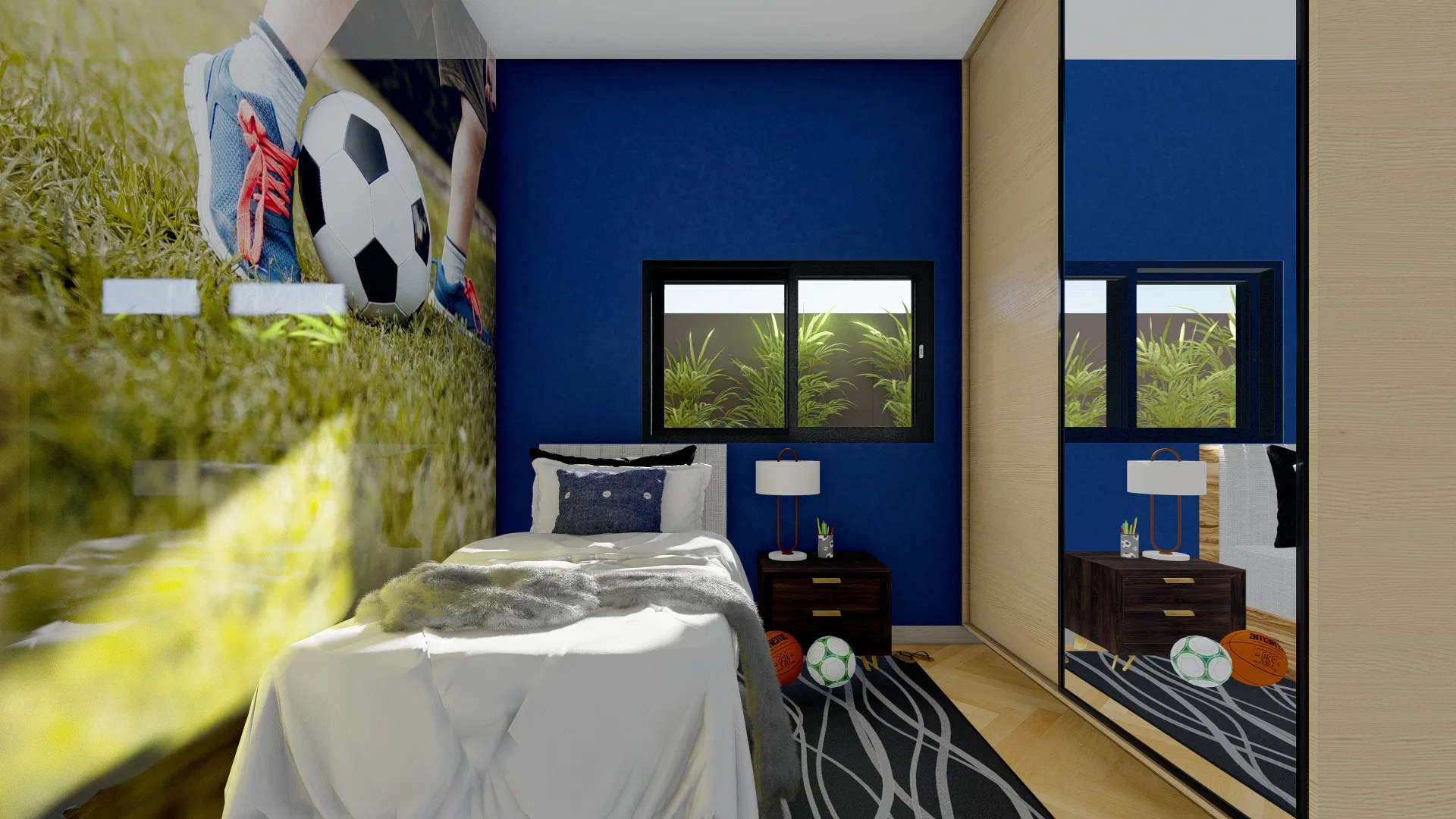 Quarto com parede azul e mural de futebol, cama de solteiro, criado-mudo com abajur e guarda-roupa espelhado com detalhes de madeira