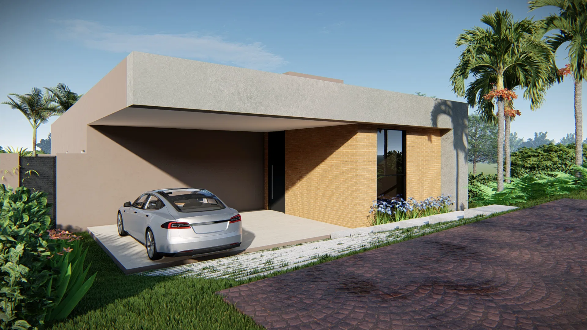 Vista angular da mesma casa térrea, com laje horizontal projetada, garagem com carro prata e caminho de pedras em meio ao jardim