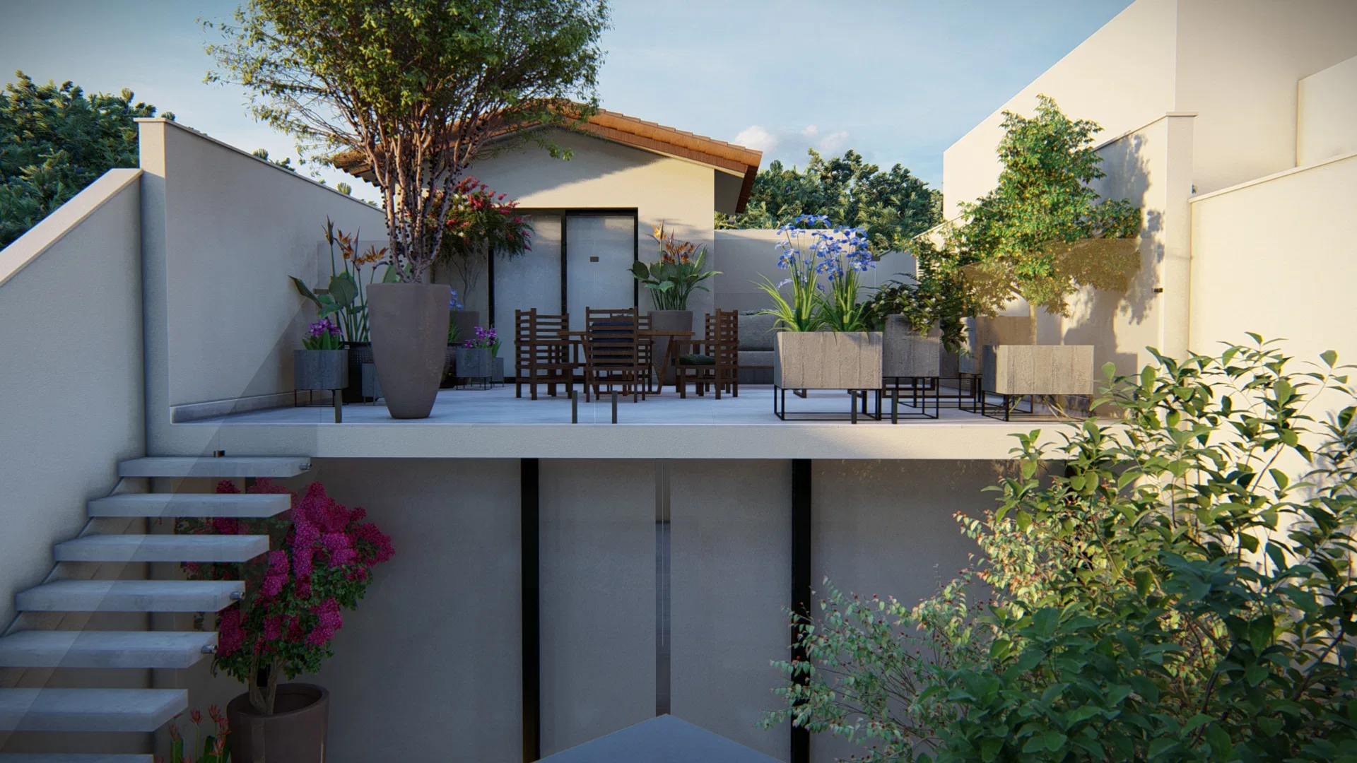 Vista lateral em dois níveis: terraço de refeições com vasos e estrelícias sobre um pavimento inferior, com escada de concreto e buganvília à esquerda.