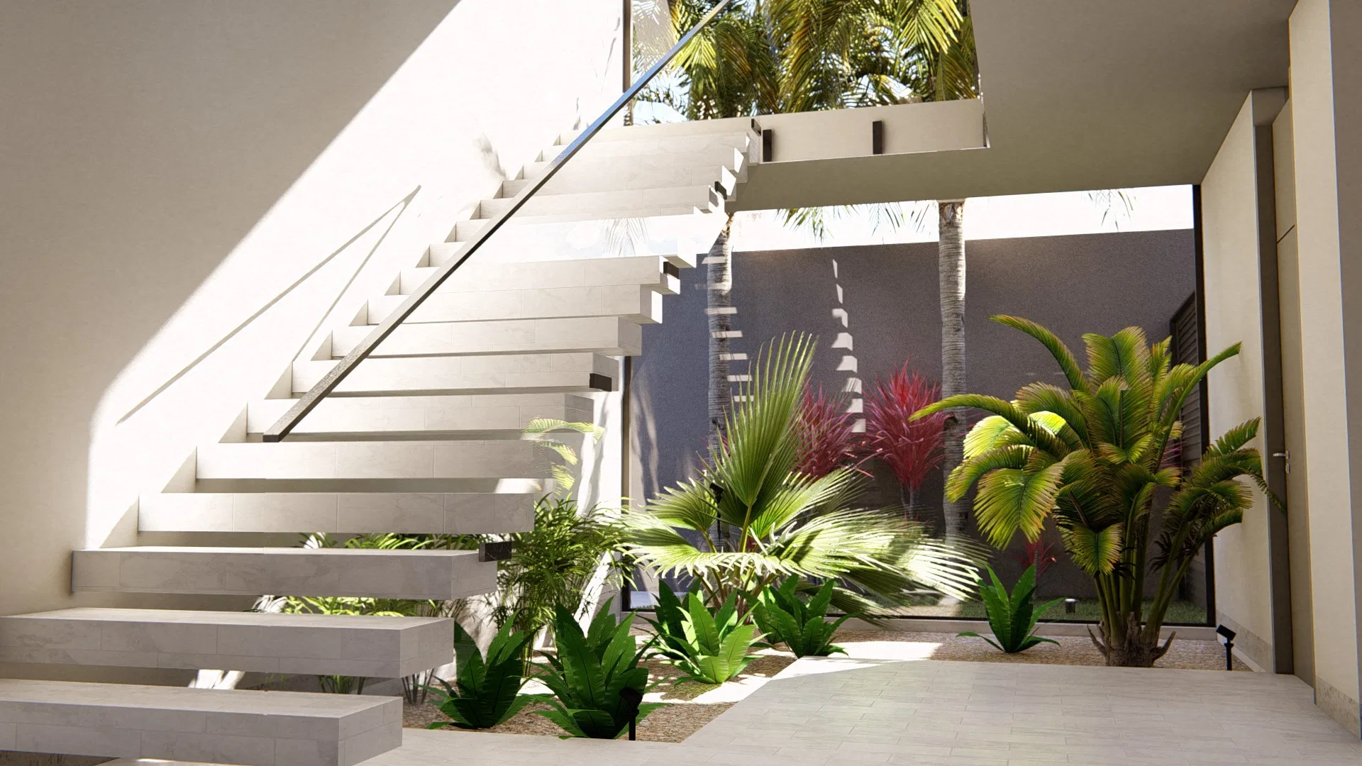 Escada interna suspensa sobre um pequeno jardim de inverno com palmeiras e plantas ornamentais junto ao piso térreo